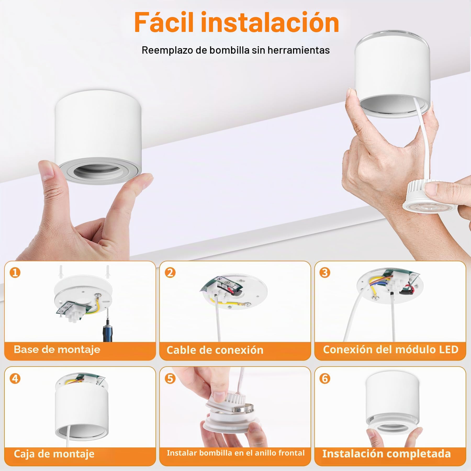 4x Focos LED Interior Techo Blanco, Aplique Techo Interior IP44 Ø80x65mm Plano, Foco 230V Incluye Módulo LED 5W 550LM, 3000K/4000K/6500K Dimmable, Aluminio,Foco para Baño