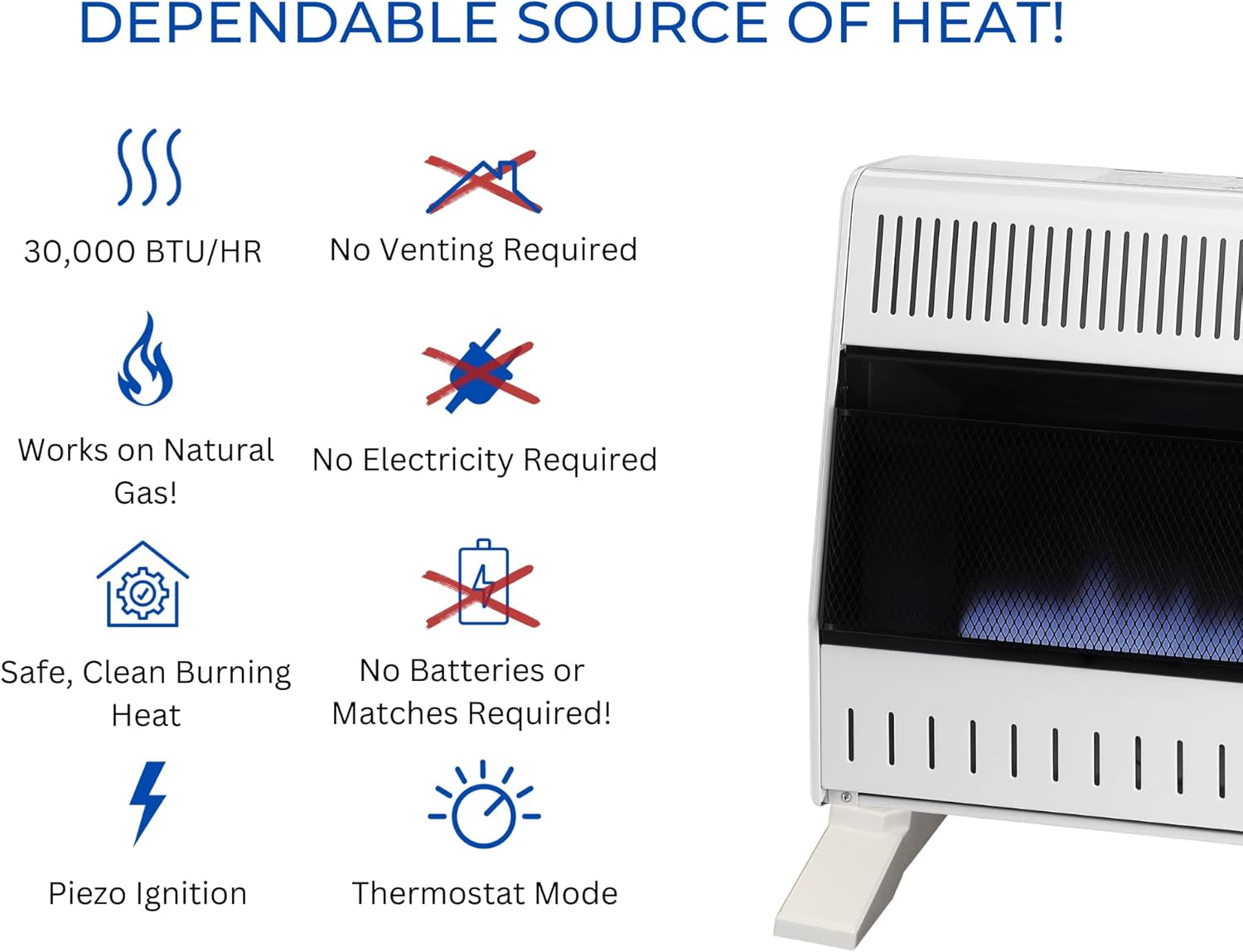 ProCom Heater Features: 30,000 BTU, No Venting, Natural Gas, No Electricity, Piezo Ignition, Thermostat Mode