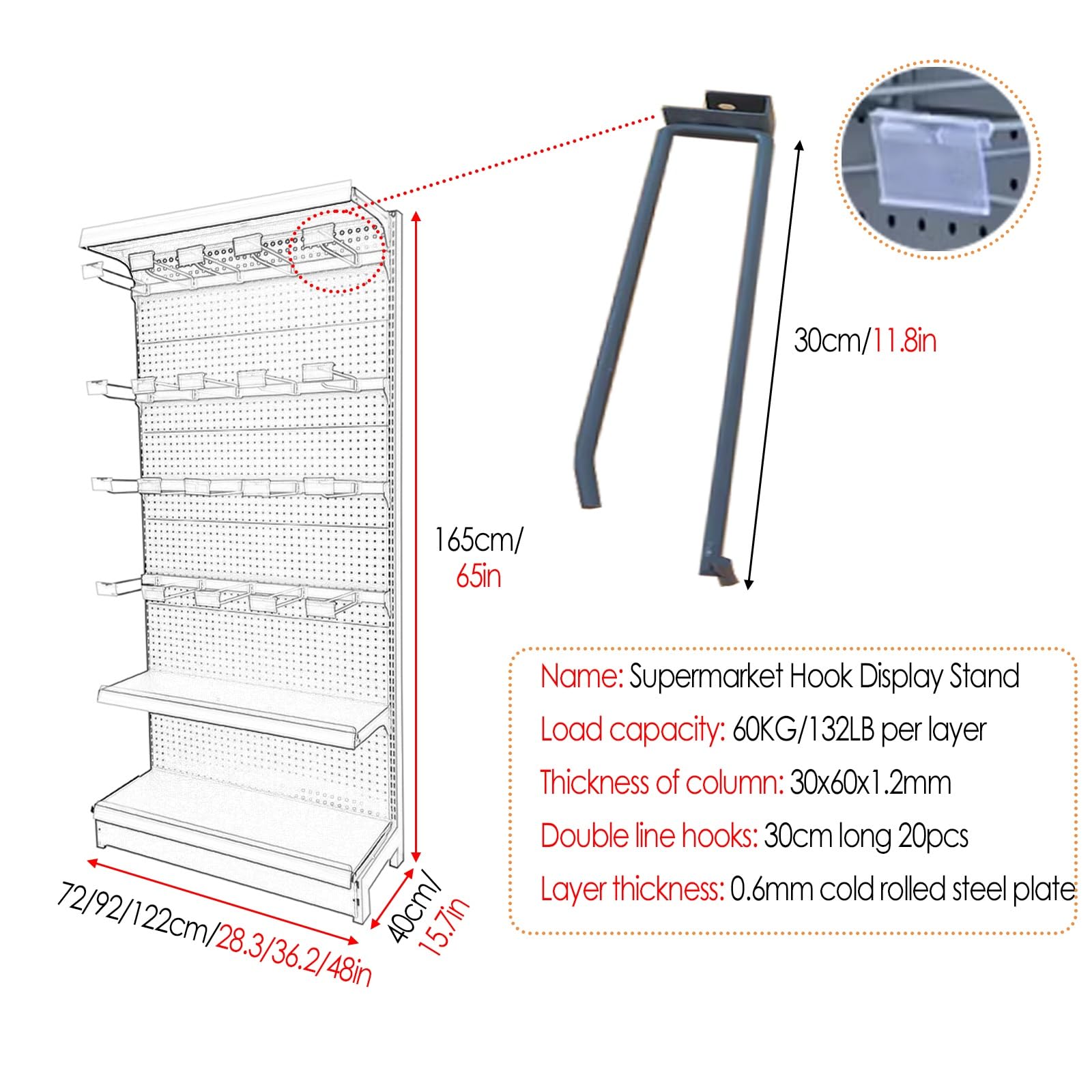 Estante Grande de exhibición para supermercado con Ganchos, Expositor de Piso para Dulces y Snacks, Ideal para cines, con Fundas para teléfono y Calcetines (Negro, 72 cm de Largo)