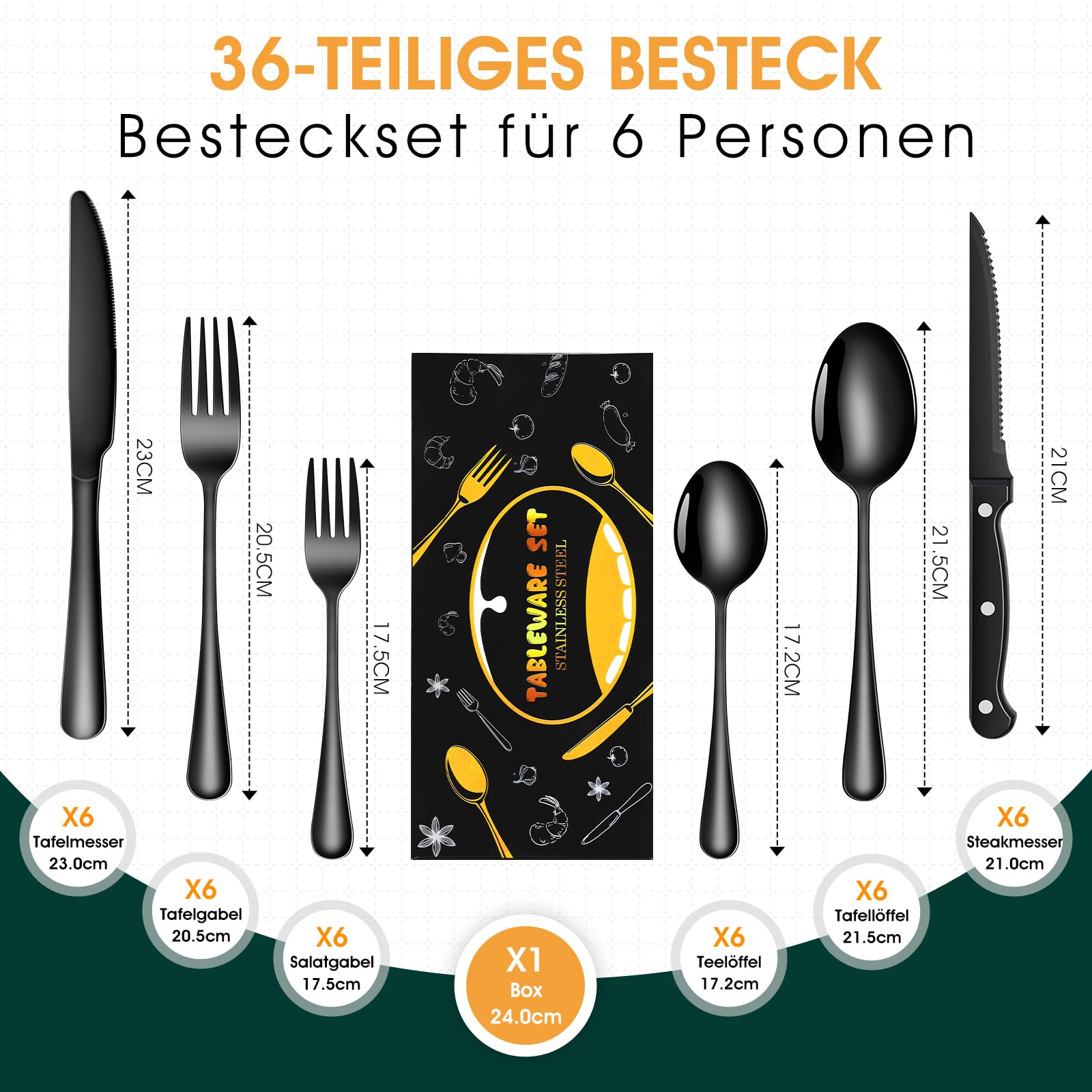 TAN REN Cuberteria negra para 6 personas, Juego de cubiertos de acero inoxidable de 36 piezas(Negro), incluye cuchillo, tenedor, cuchara, cuchillo de carne, pulido espejo, apto para lavavajillas