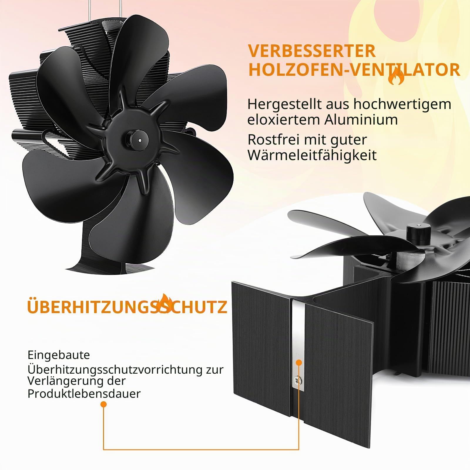 Hanaoyo Kaminventilator, Ofenventilator Ohne Strom Leiser Betrieb, Wärmebetriebener Kamin Ventilator mit 1 Ofenthermometer, Effiziente Wärmeverteilung Kaminlüfter für Holz/Holzbrenner/Kamin