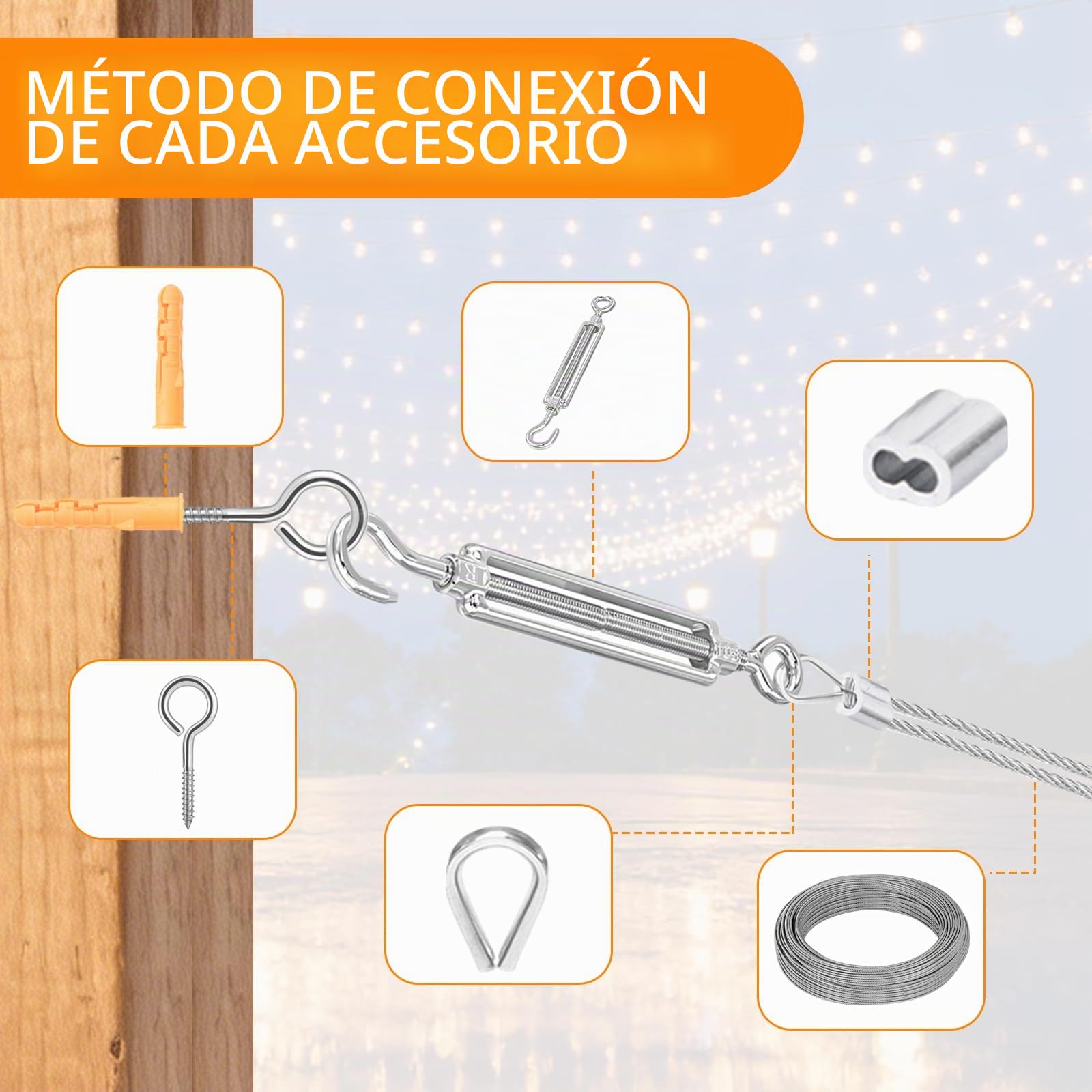50m Cable Acero Inoxidable,Kit de Cables de Acero Inoxidable para Colgar,Tensor Cable Acero para Luces de Cadena Tendederos y Cuerdas para Colgar Cortinas