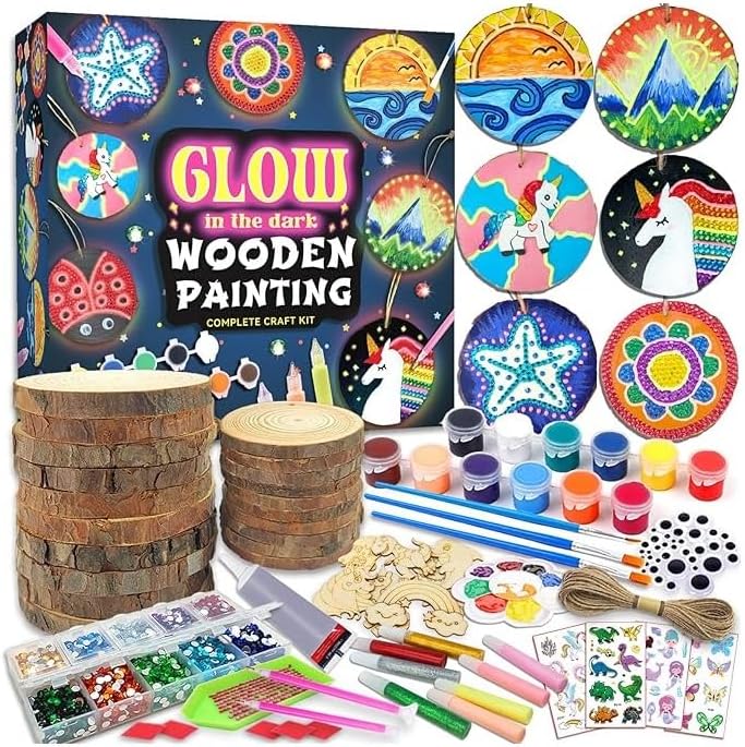 TAPITKids Wooden Painting Kit Glow in the Dark Unfinishied Wood Slices with Painting for Arts and Crafts DIY Creative Crafts Gifts for Boys Girls Age 5-12 Creative Art Toys (1 Set)