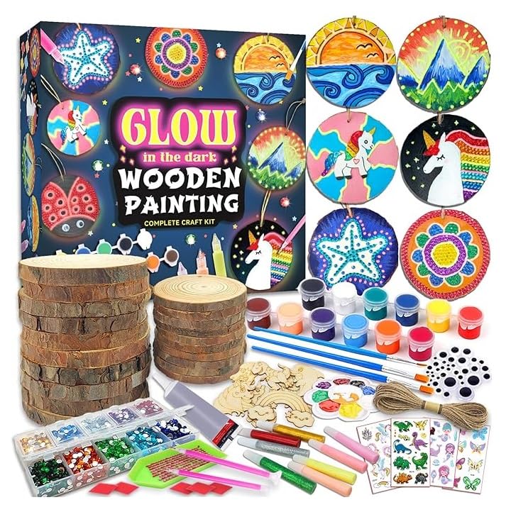 TAPITKids Wooden Painting Kit Glow in the Dark Unfinishied Wood Slices with Painting for Arts and Crafts DIY Creative Crafts Gifts for Boys Girls Age 5-12 Creative Art Toys (1 Set)