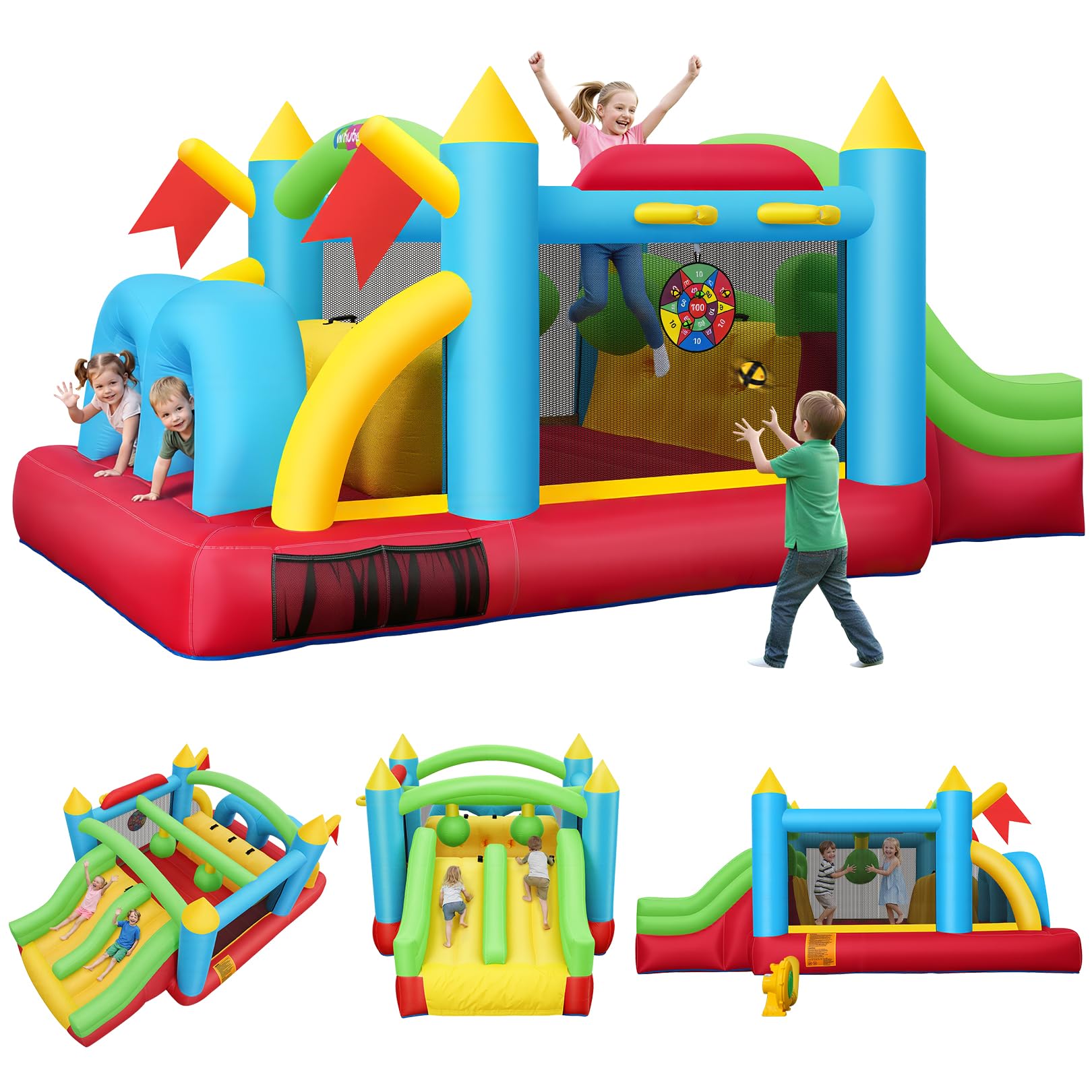 AKEYDIY Château gonflable pour enfants, parcours d’obstacles gonflable de 4,7 x 2,7 m avec zone de saut, doubles toboggans, tunnels, murs d’escalade, paniers de basket, cibles, château gonflable pour