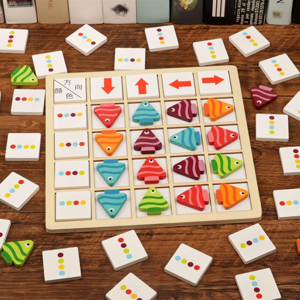 Gioco Puzzle Montessori Abbinamento delle Direzioni Pesci Legno