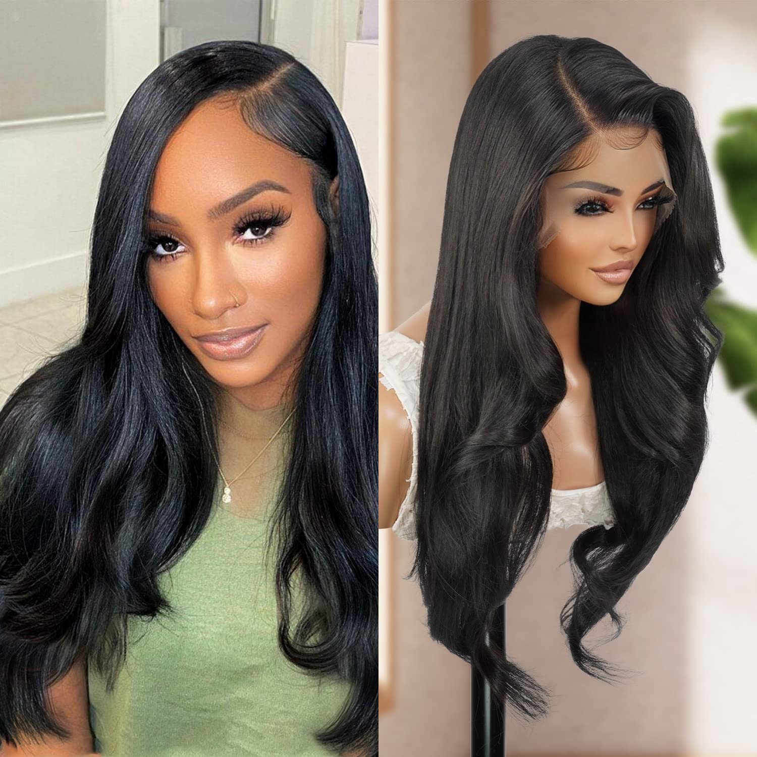 GLAM21USA HD Lace Front Straight Curly Wig 13X6 Glueless Invisible Transparent Frontal Wig Long Human Hair Blend PrePlucked Hairline Swiss-Lace Synthetic Wigs - Tastee (28 Inch, 1B-OFFBLACK)