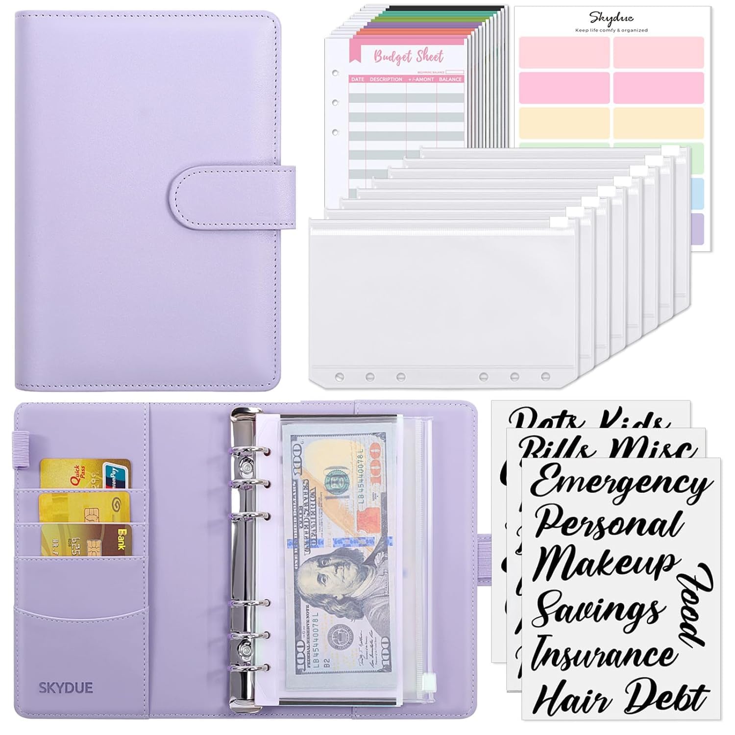 Purple A6 6-Ring Binder Notebook Set with Loose Leaf Bags, Budget Envelopes, and Pen Loops