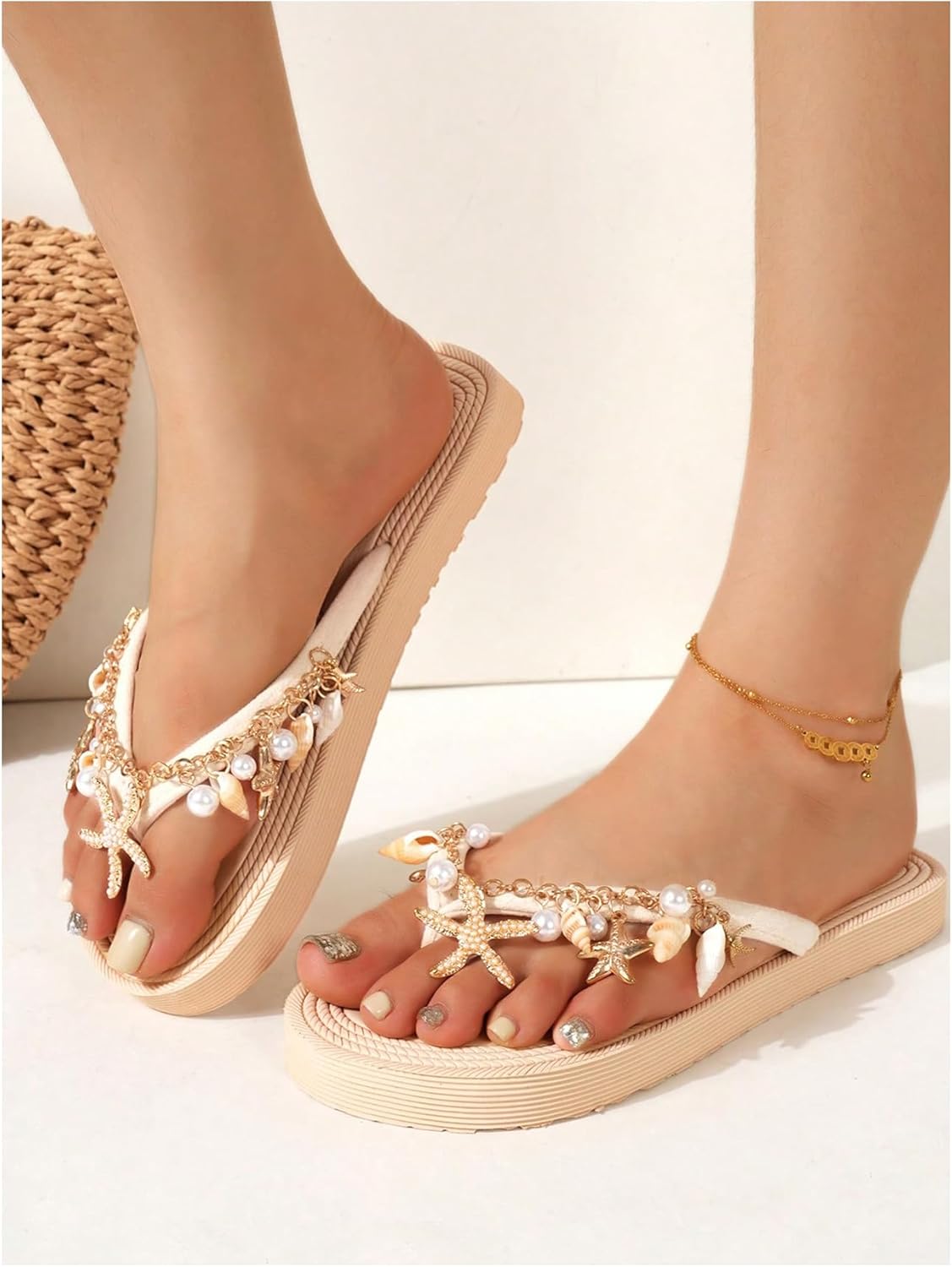 Verdusa Women's Boho Starfish Pearl Rhinestone Thong Sandals Open Toe Slip on Flip Flop Sandals - Image 3