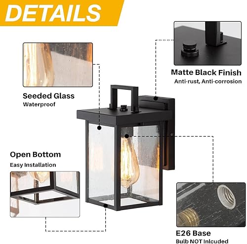 Miniatura 10 de LALUZ Lámpara de pared al aire libre para porche, 11 pulgadas, linterna exterior para montaje en pared, lámpara exterior negra lijada con vidrio