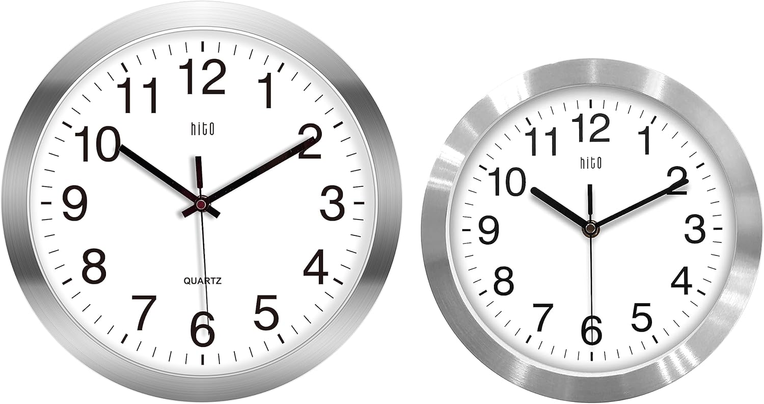 HITO 10 Inch Silent Wall Clock 12 Inch Silent Wall Clock Battery Operated Non Ticking Glass Cover Silver Aluminum Frame, for Kitchen, Bedroom, Home Office, Living Room Decor