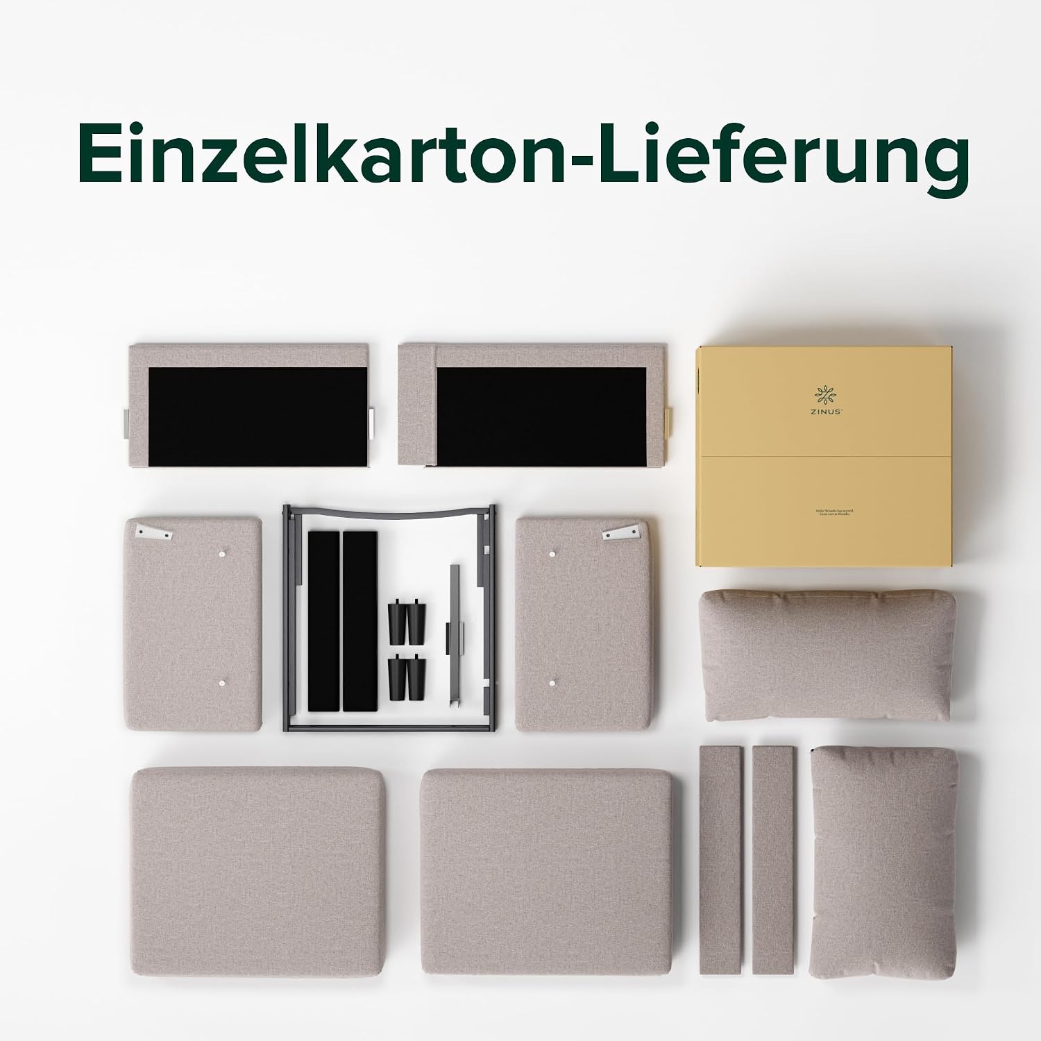 Sofa components laid out from a single box