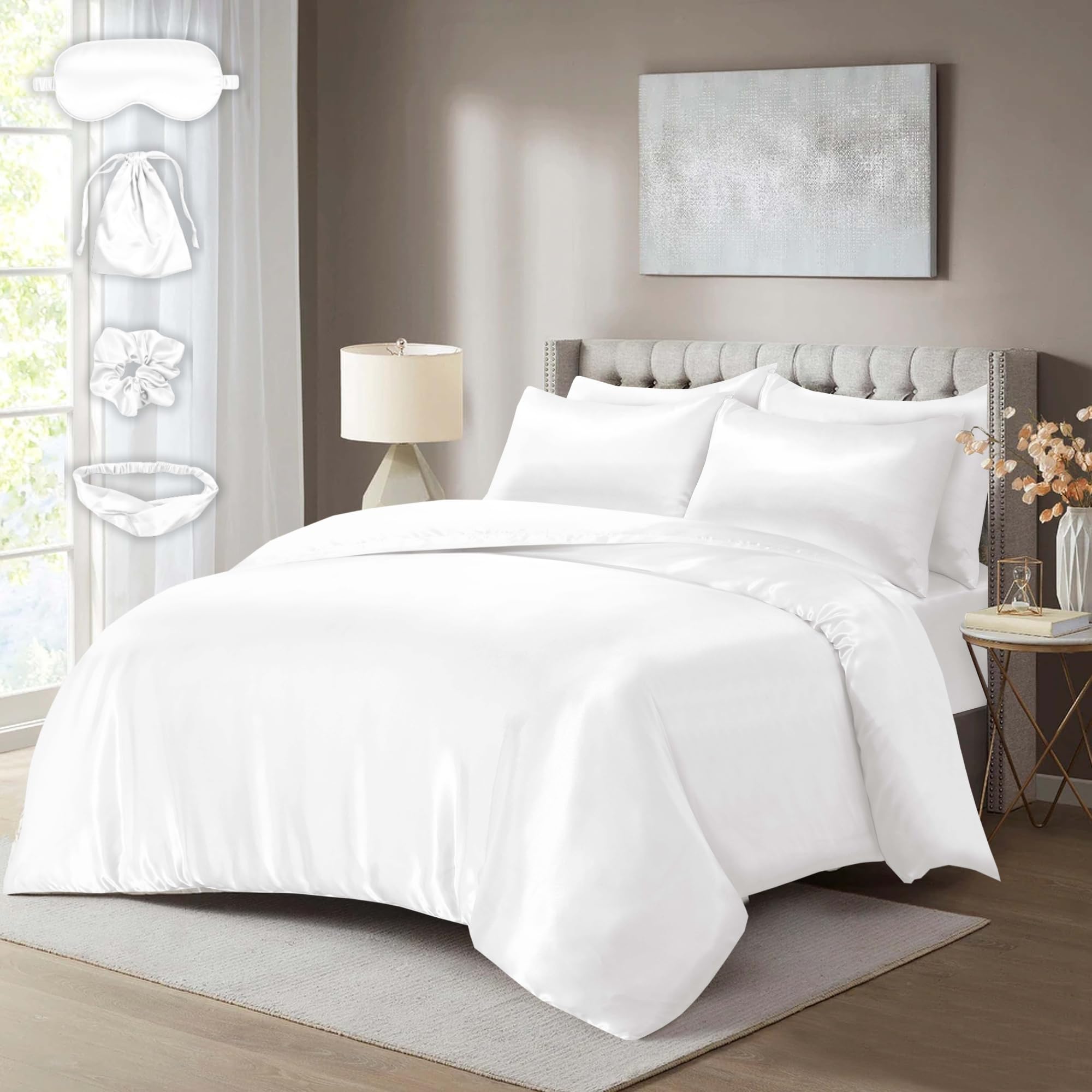 Hadi London Luxury 10 PCS Satin Complete Bedding Set with Duvet Cover, Fitted Sheet, Pillowcases & Matching with Eye Mask, Hair Band, Hair Cap & Pouch | Single Double King Super King (WHITE, SINGLE)