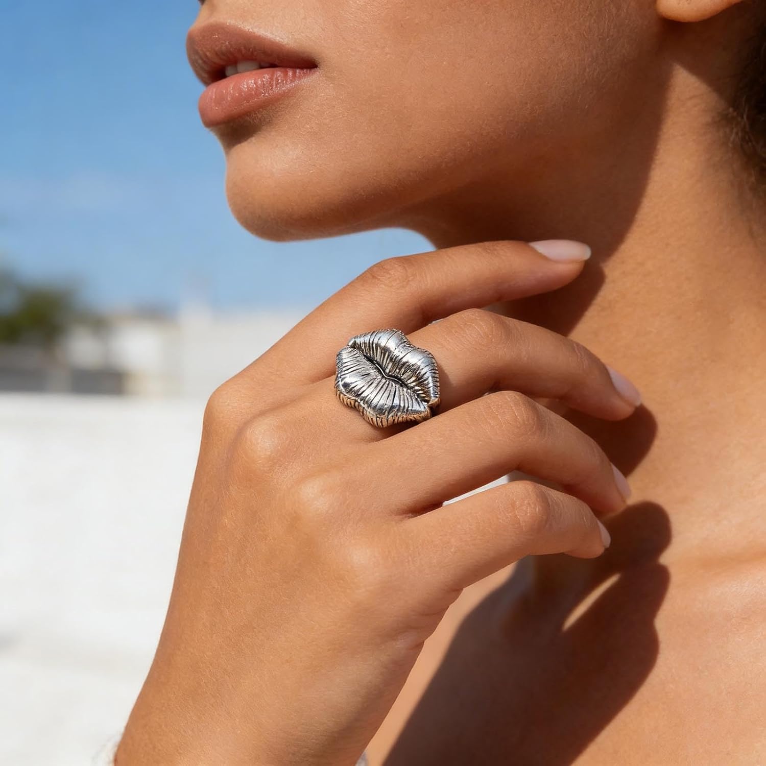 Andelaisi Boho Lips Wrap Open Ring Vintage Cute Lips Open Knuckle Ring Silver Lipstick Kiss Finger Rings Adjustable Big Mouth Stacking Rings Jewelry for Women - Image 4