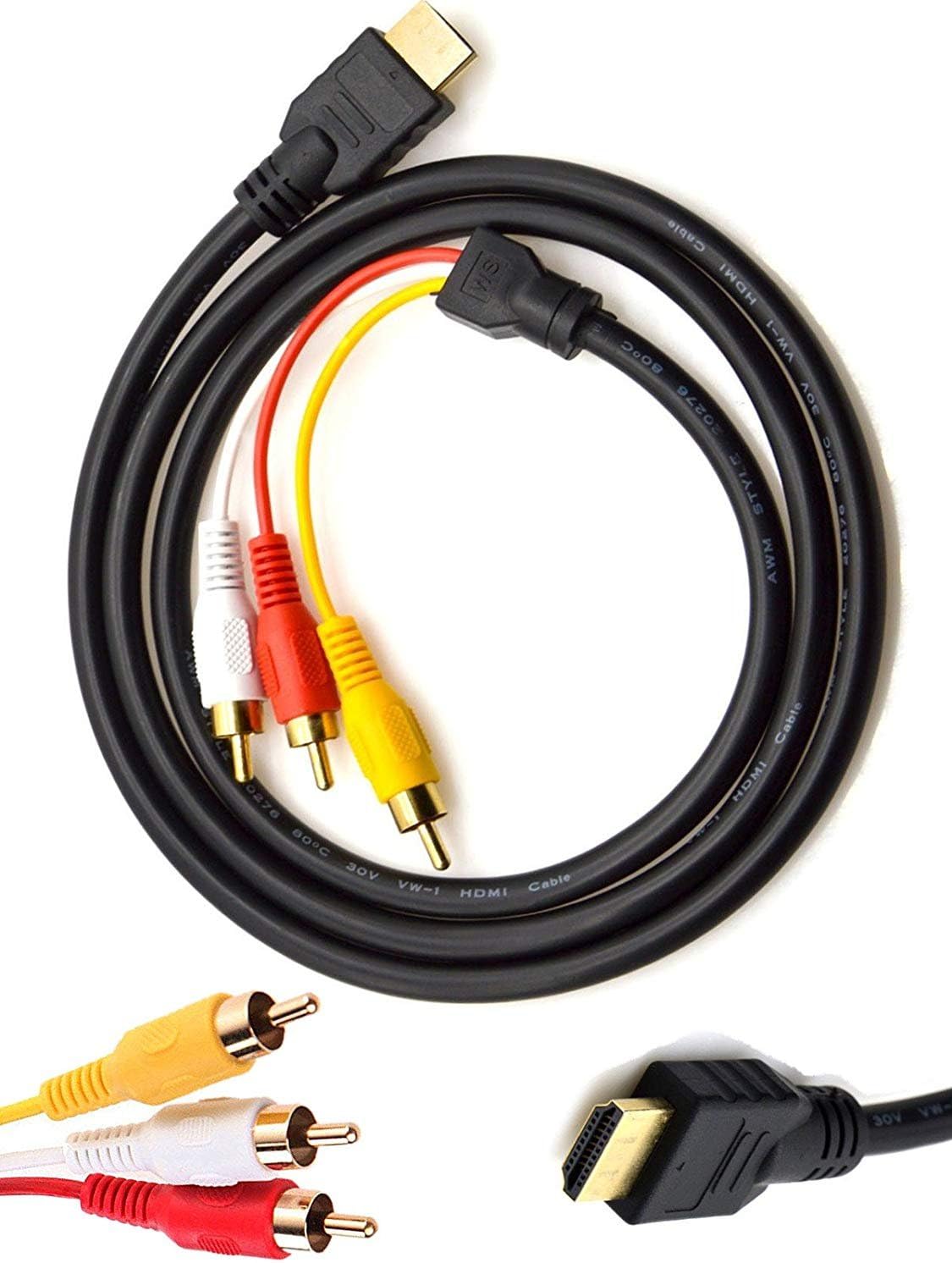 HDMI to RCA Cable, 5ft/1.5m HDMI Male to 3-RCA Video Audio AV Component Converter Adapter Cable for HDTV