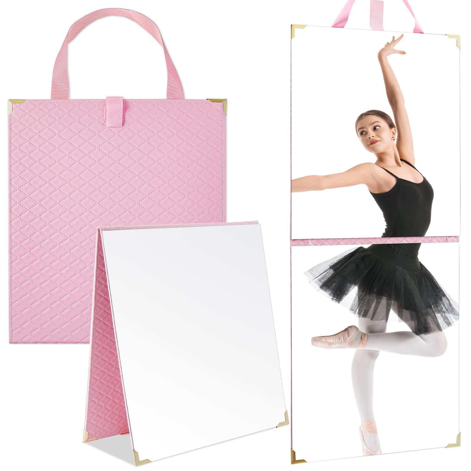 Chunful Frameless Foldable Full Length Backstage Makeup Mirror with Handle Leather Folding Hanging Mirror Rectangular for Travel Dance Bag Home Fitness Gift for Dancers (Pink,24.61 x 11.22 Inches)-image-23