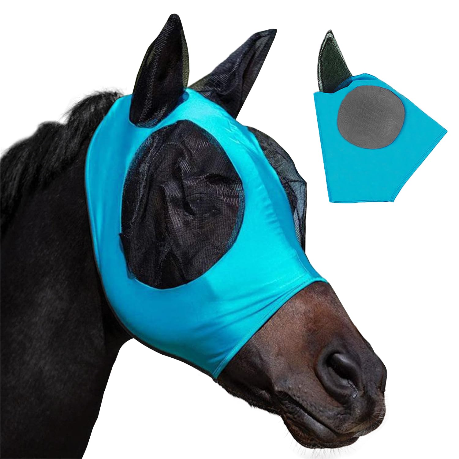 1 máscara para Moscas de Caballos, máscara elástica para Moscas de Caballos, máscaras antimoscas con Cubiertas para los oídos, máscaras faciales para Caballos Anti-UV, Reutilizables (Azul)