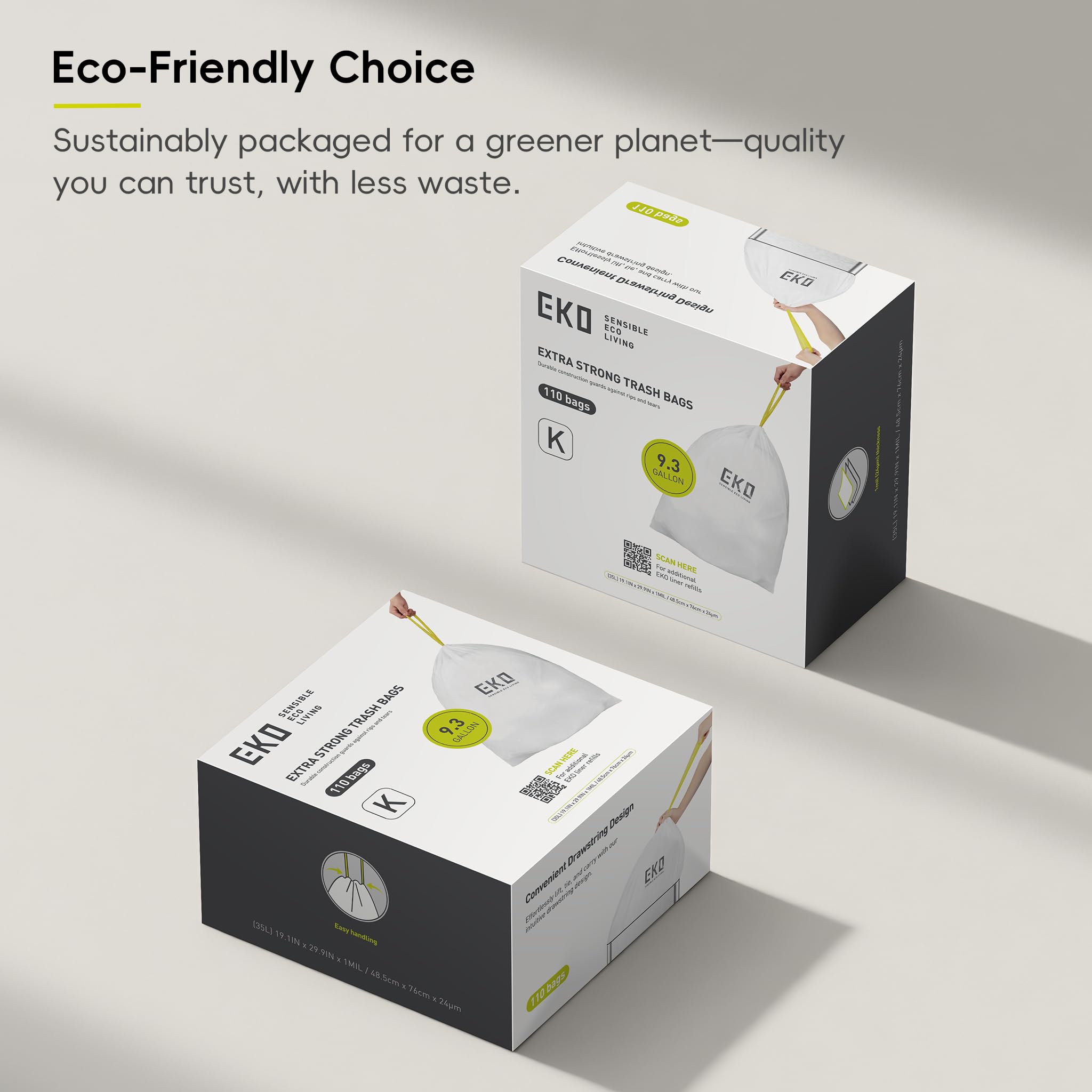 EKO - Bolsas de basura con cordón de 30-35 L, 110 unidades, para cubos de cocina altos, extrarresistentes y resistentes a fugas, sin perfume, blanco, código K