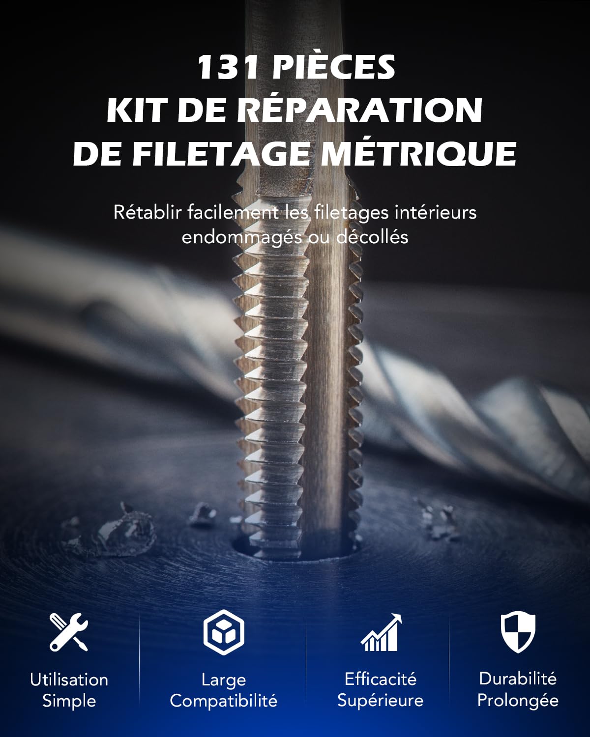 Orion Motor Tech Kit de Réparation de Filetage, 131 Pièces M5 M6 M8 M10 M12 Métrique, Helicoil Inserts INOX. 304, Tarauds et Mèches pour Aluminium Acier, Bleu