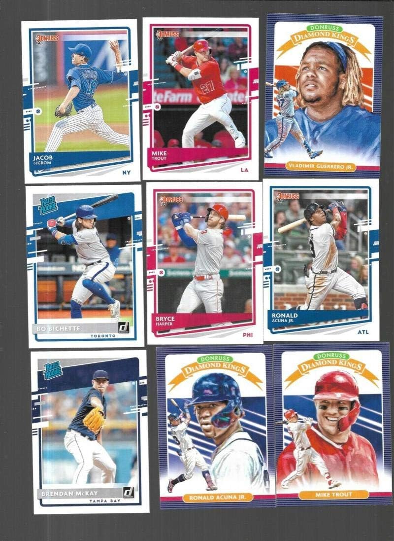 2020 Donruss Complete MLB Baseball Set of 262 Cards (1-260, 263 and 264) and 38 Image/Photo Variations NO Super Short Prints - Overall condition is NM. Includes stars like Mike Trout, Bryce Harper, Aaron Judge, Pete Alonso, Gleyber Torres, Ronald Acuna Jr. Cody Bellinger, Juan Soto, Fernando Tatis Jr., Eloy Jimenez Vladimir Guerrero Jr. and many more. Also includes rookies or Yordan Alvarez, Bo Bichette, Gavin Lux, Nico Hoerner, Kyle Lewis, Aristides Aquino and many more.