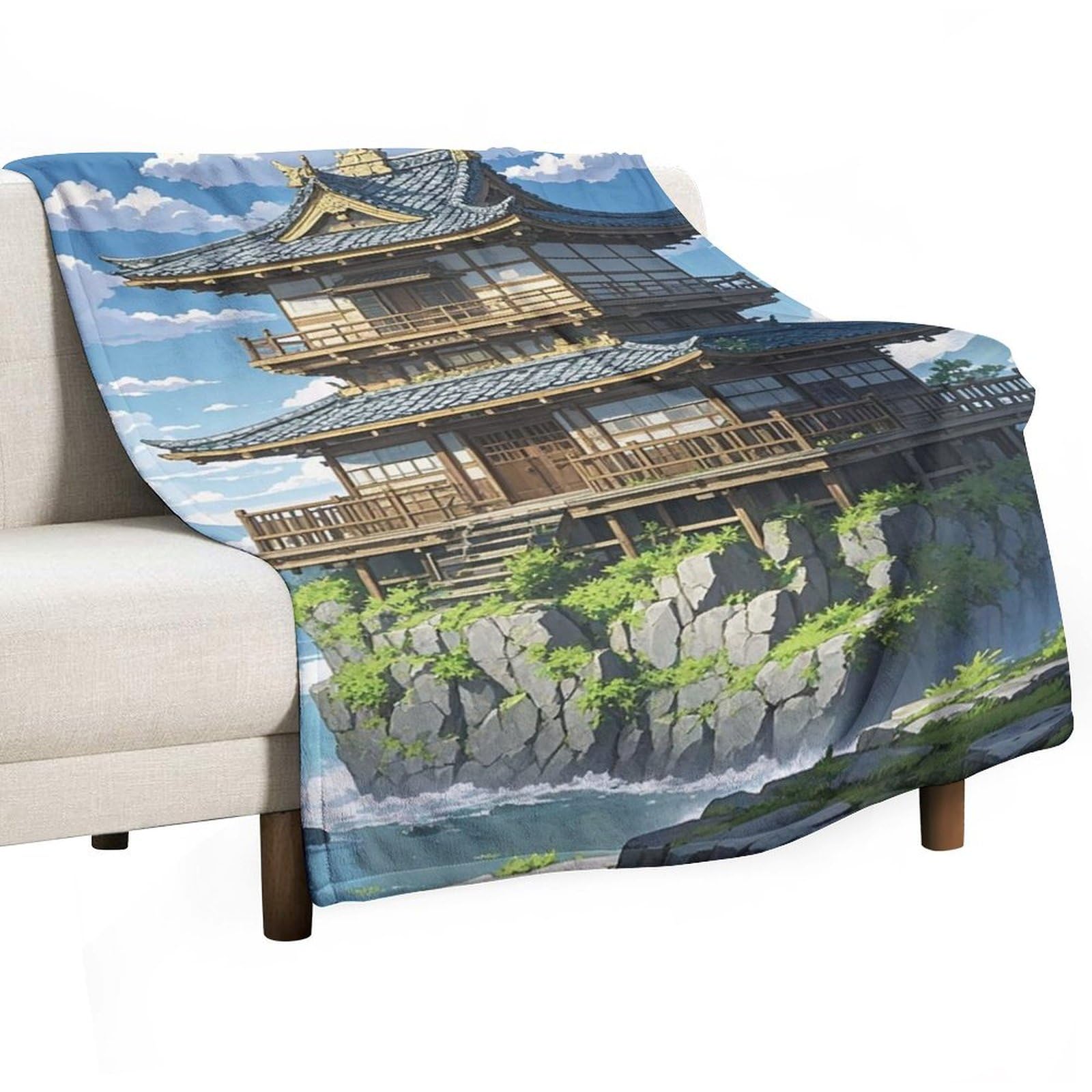 Couverture flanelle architecture japonaise 100x150 cm pour canapé et lit toutes saisons