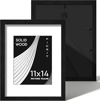 Picrit 11x14 Picture Frame Set of 2, Solid Wood and Black Backboard, Displays 8x10 with Mat or 11 x 14 Without Mat, Tabletop & Wall Mounted, Multi-Piece Wall Gallery Photo Frames for Home Decor, Black Wood Grain