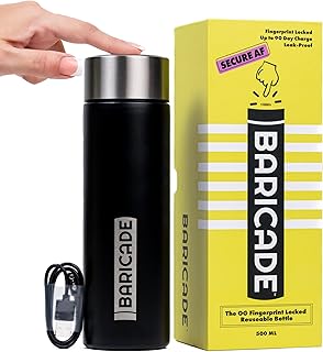 Baricade Original Slim Fingerprint Lock Water Bottle – 500ml Stainless Steel, Leak-Proof, Tamper-Proof, Hot or Cold Up to 12 Hours – Carbon Black – Gym, Travel, Safety