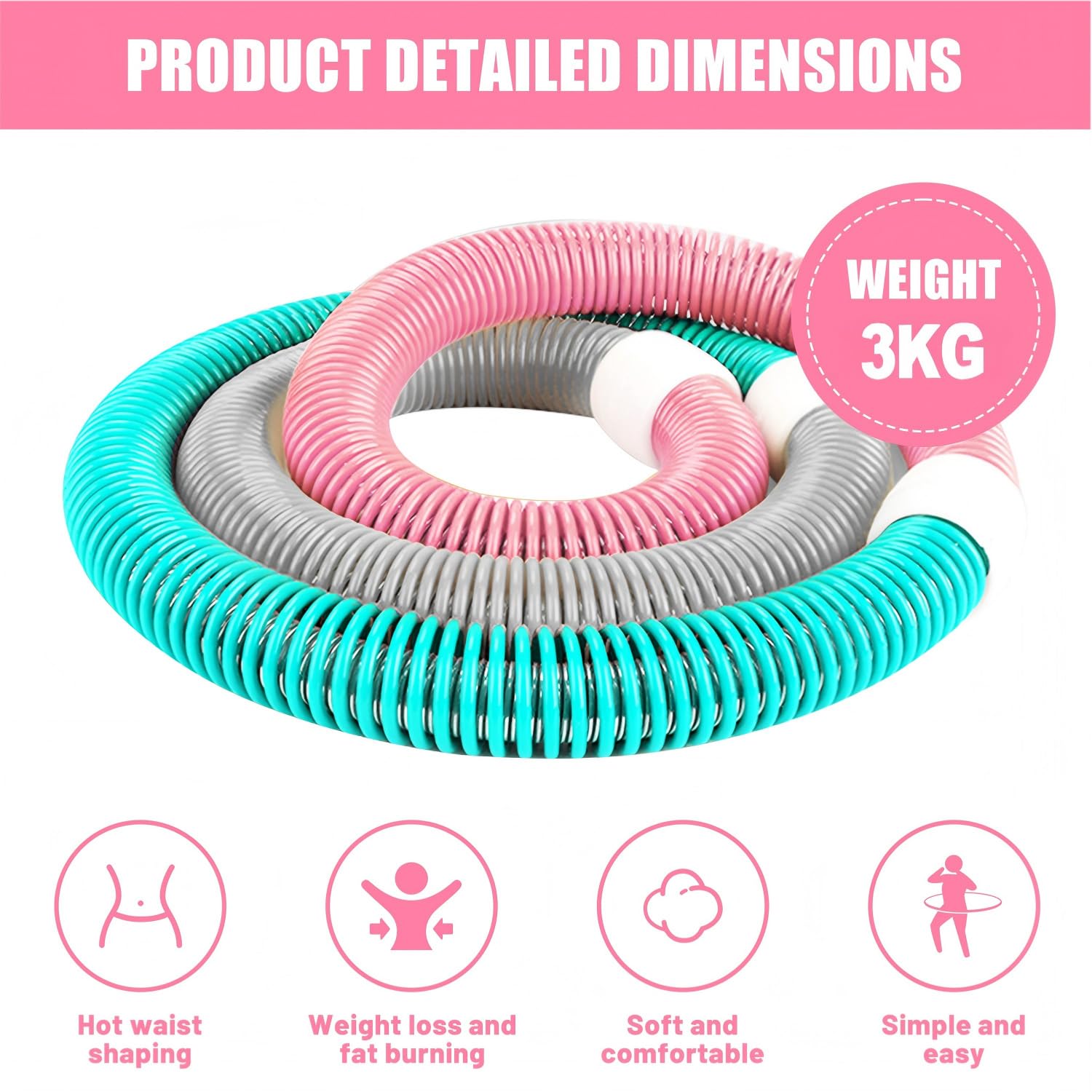 Hula Hoop morbido per adulti – 3 kg, pieghevole, fitness hoop ponderato per pancia e vita, morbido hula hoop, cerchio a molla per casa, palestra, scuola
