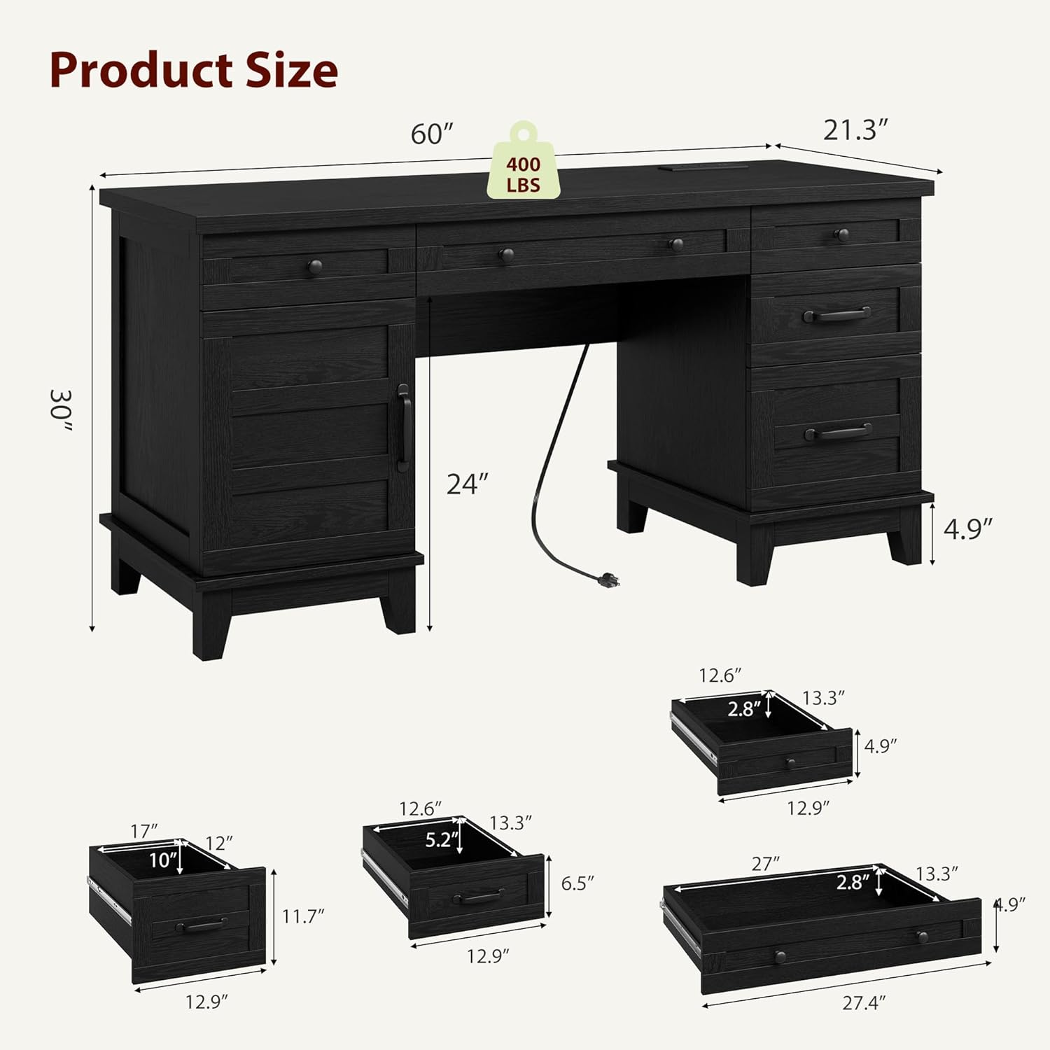 60" Traditional Home Office Desk with Power Outlets, Wooden Executive Desk with File Cabinet and Drawers, Farmhouse Wood Work Desk for Work, Study, Writing, Black