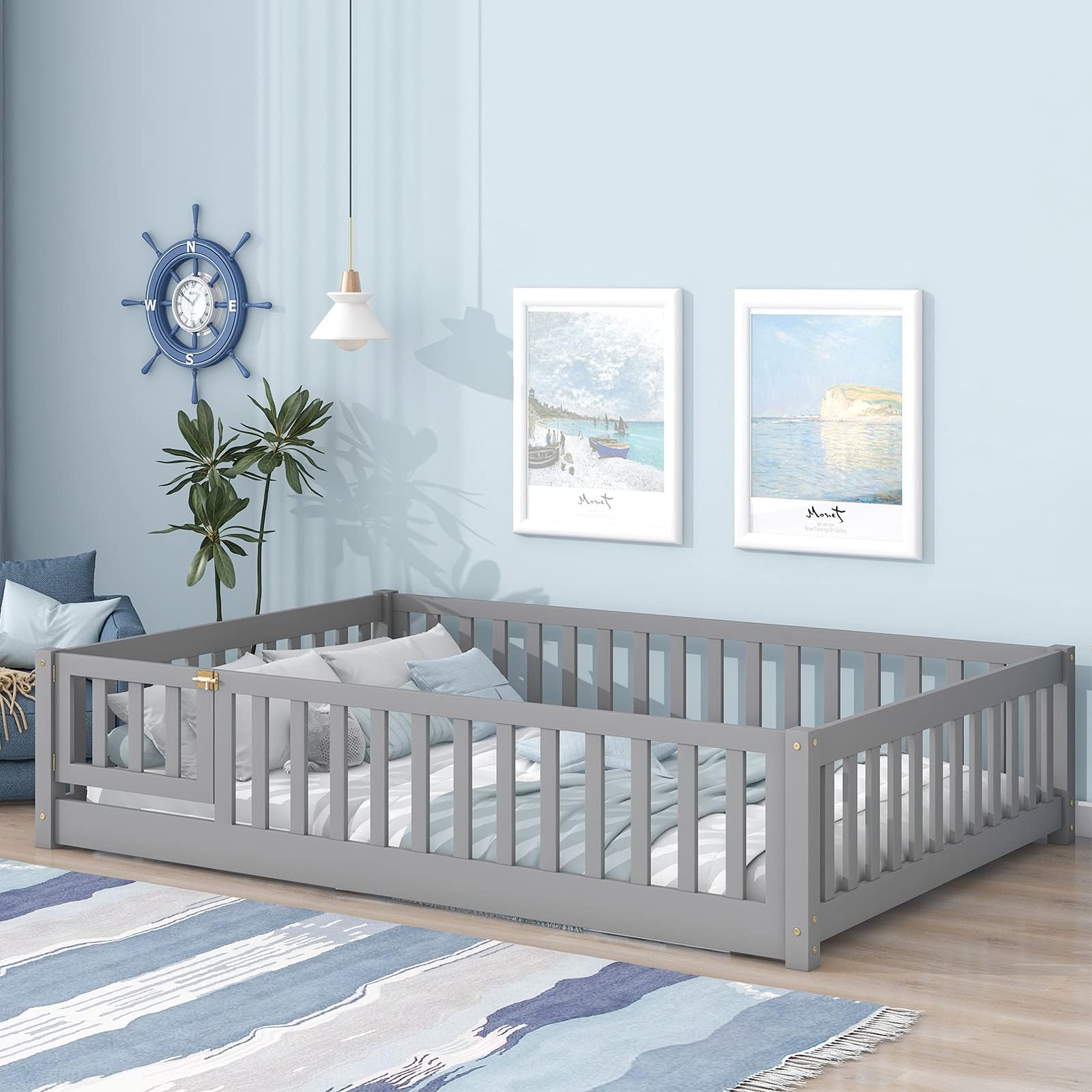 Harper & Bright Full Size Montessori Floor Bed Frame For Kids - Wood, Safety Guardrails & Door Included, Natural Finish