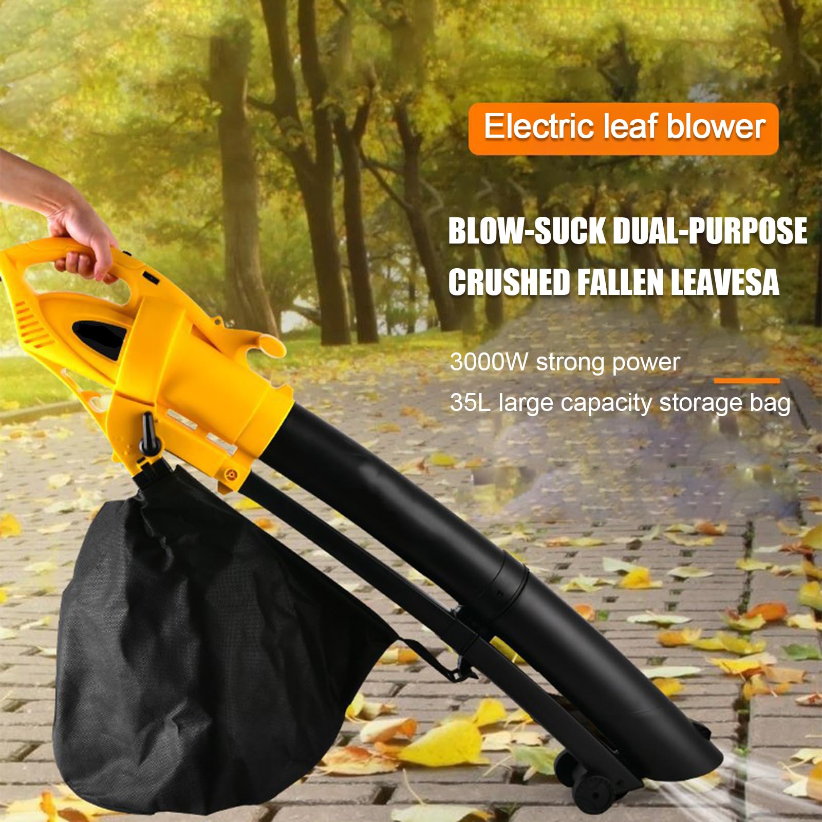 Soplador De Hojas Eléctrico 3000w, Aspirador De Jardín Potente 2-en-1 Indus | Velocidad de 270km/h, Bolsa de Recogida de 35L, Control de Velocidad de 6 Niveles, Tubo Desmontable, Relación de Trituración