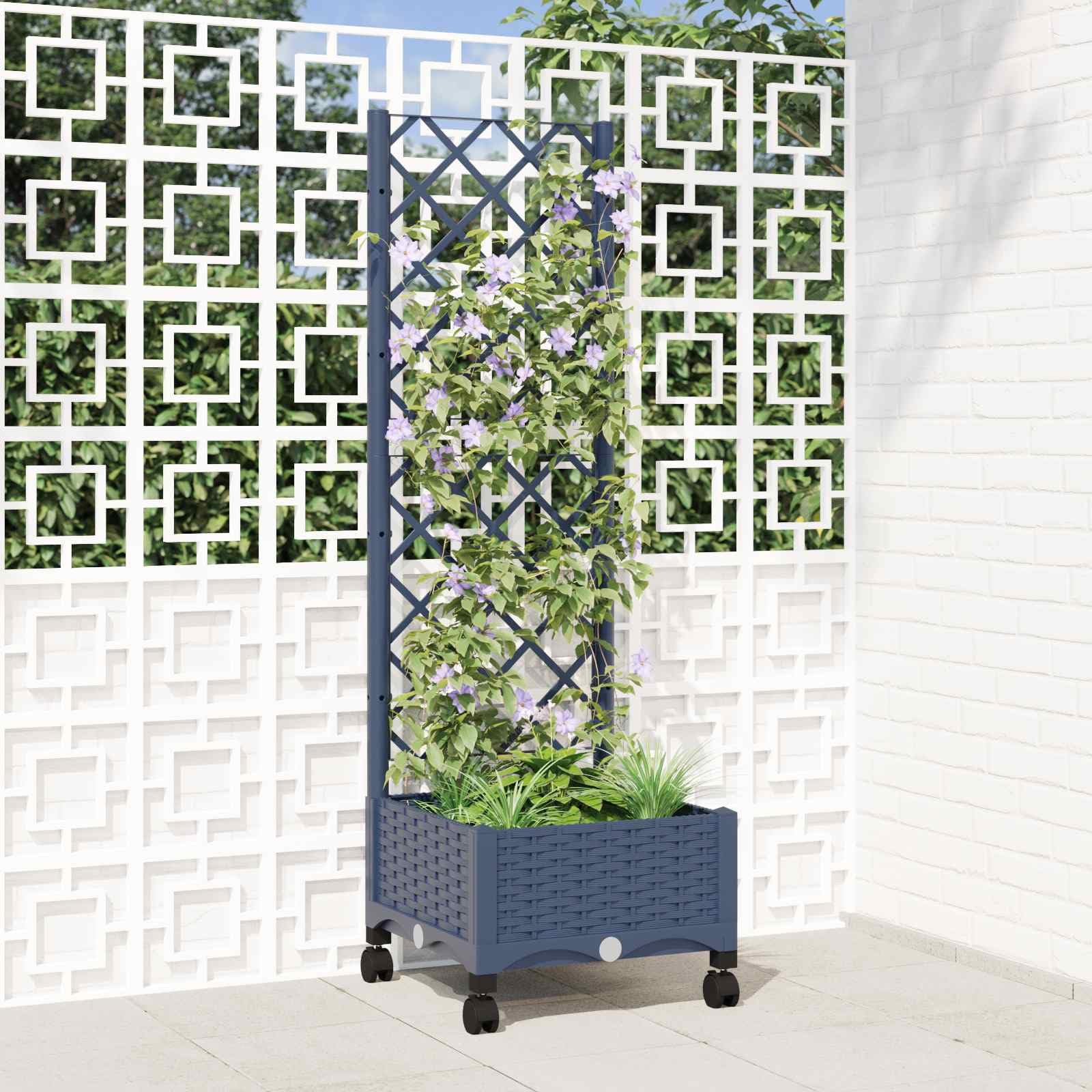 Pflanzkübel mit Spalier und Rädern Blaugrau 40 x 40 x 131,5 cm wetterbeständiger Gartentopf für Balkon und Terrasse mit integrierter Rankhilfe, Drainage, beweglichen Rädern