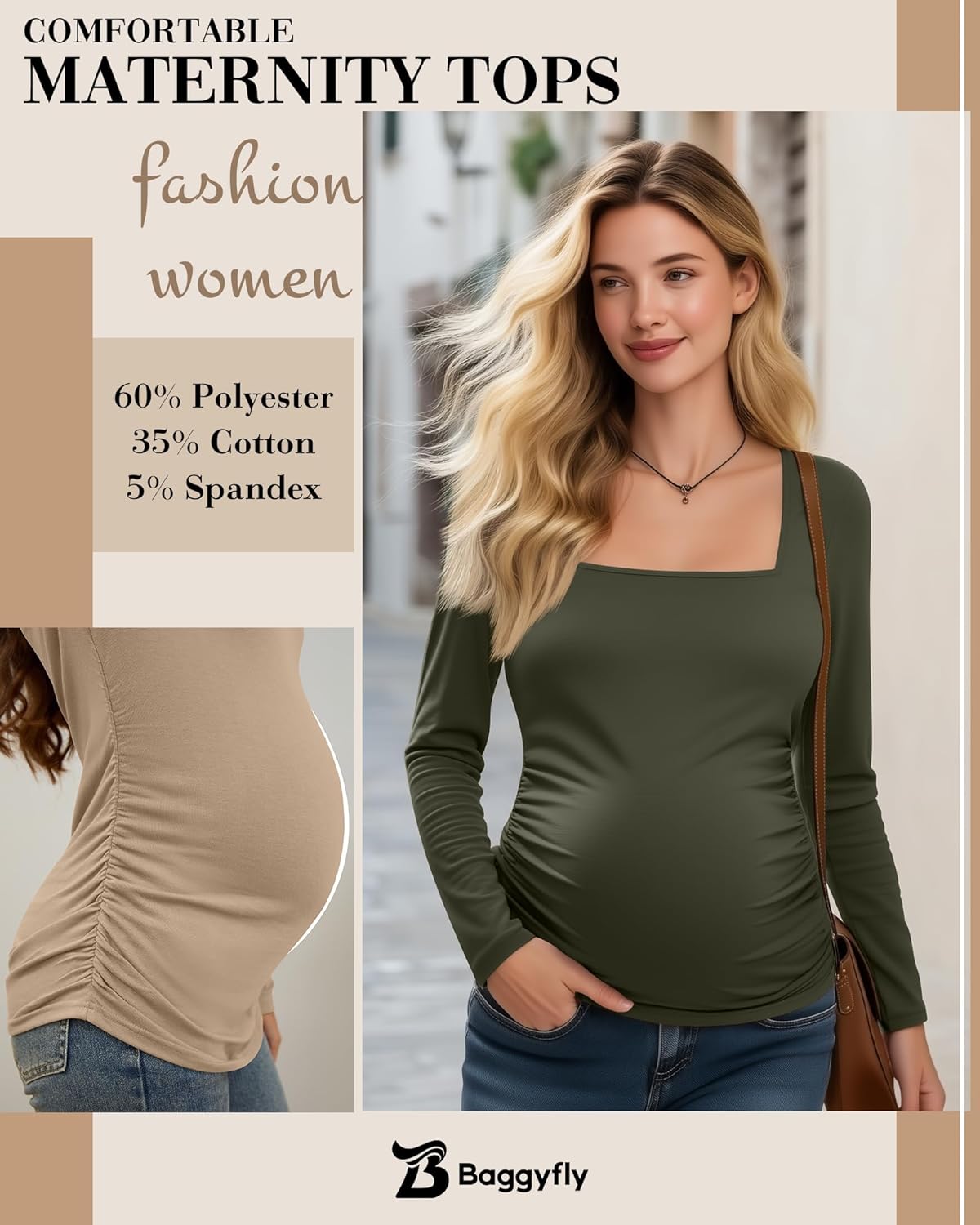 3 Pack Women's Maternity Shirts Long Sleeve Side Ruched Pregnancy Tops Square Neck Basic Tunic Knit Mama Clothes - Image 5
