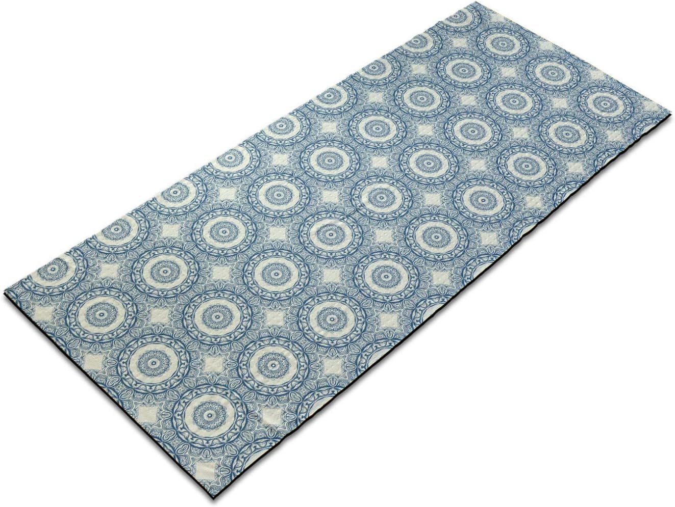 Ambesonne Moroccan Yoga Mat Towel, Circular Oriental Ornaments Repetitive Calming Motifs Print, Non-Slip Sweat Absorbent Yoga Pilates Workout Pad Cover, 25" x 70", Cream and Dark Sky Blue