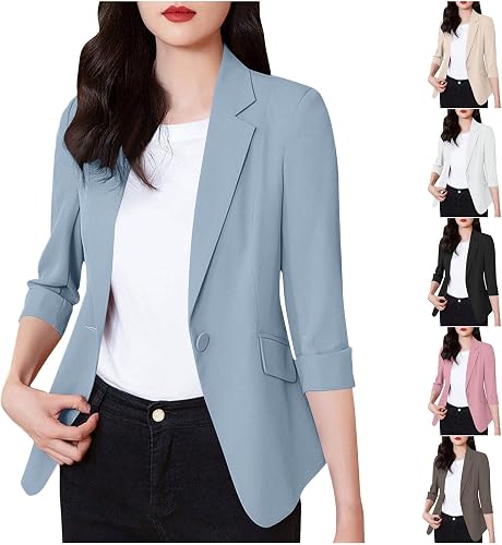 Blazer for Women 3/4 Length Sleeve Blazer Single Button Blazers | Casual Notch Lapel 3/4 Rolled Sleeve Blazers Lightweight Suit Jackets Office Business Work Blazer with Pockets