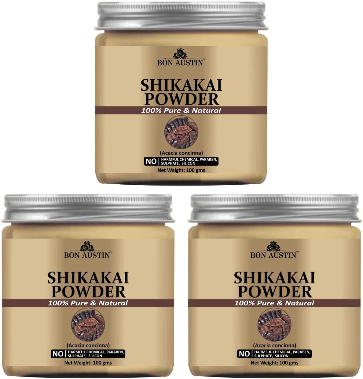 Bon Austin100% Pure & Natural Shikakai Powder | Natural Hair Cleanser | Hair Pack Powder for Damaged & Weak Hair Combo Pack of 3 Jars of 100 gms(300 gms)