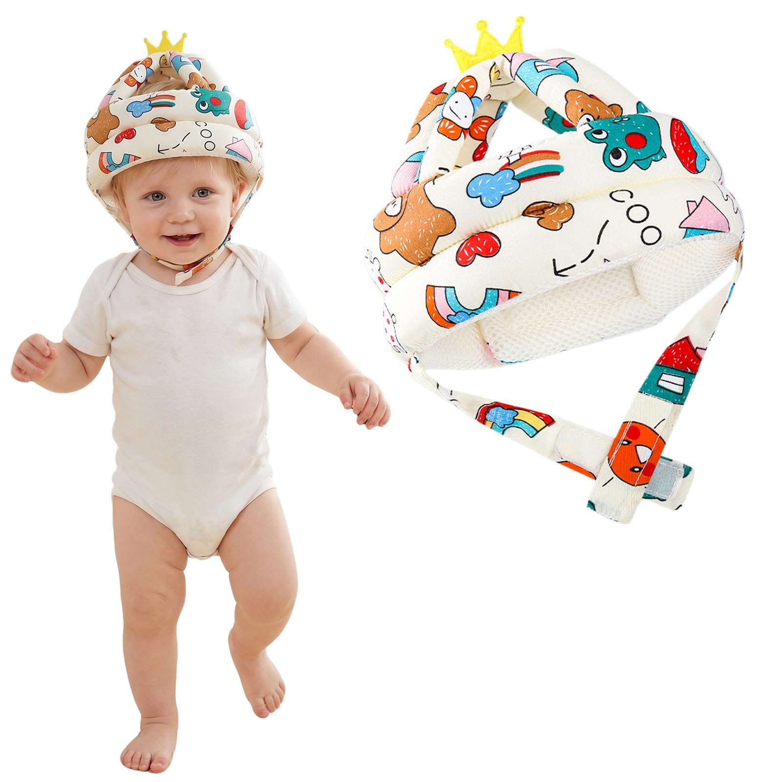HUANYO Baby Head Protector with Grey Forest Print & Dinosaur Knee Pads Set – Adjustable, Breathable Anti-Fall Safety Helmet for Toddlers 5-36 Months, Ideal for Learning to Walk Unisex (Grey) (Orange)