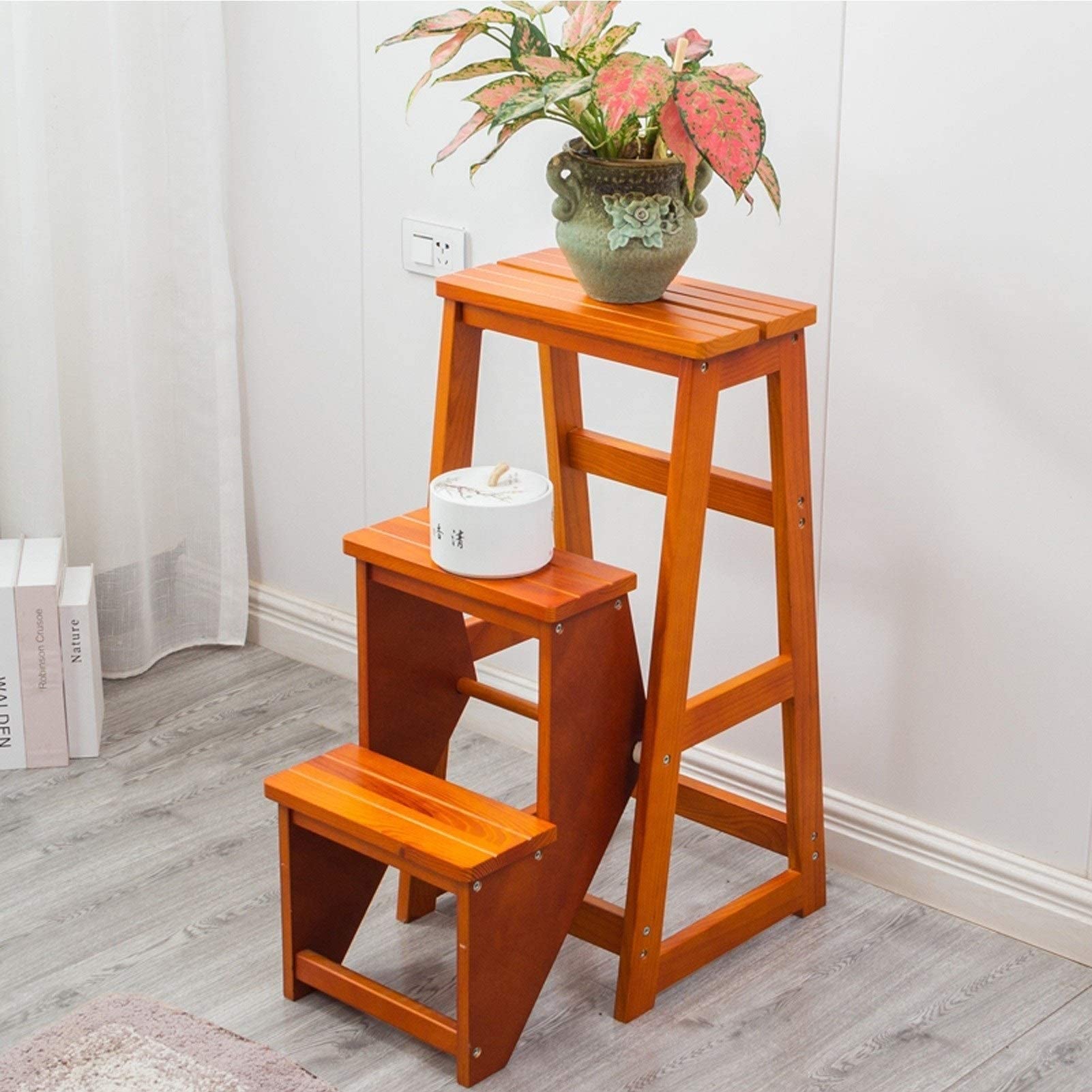 ZGYOZMNG Wooden Folding Ladder Chair Step Stool Shelf Multifunctional Flower Stand and 3 Step Safety Stairway Chair with Wide Steps