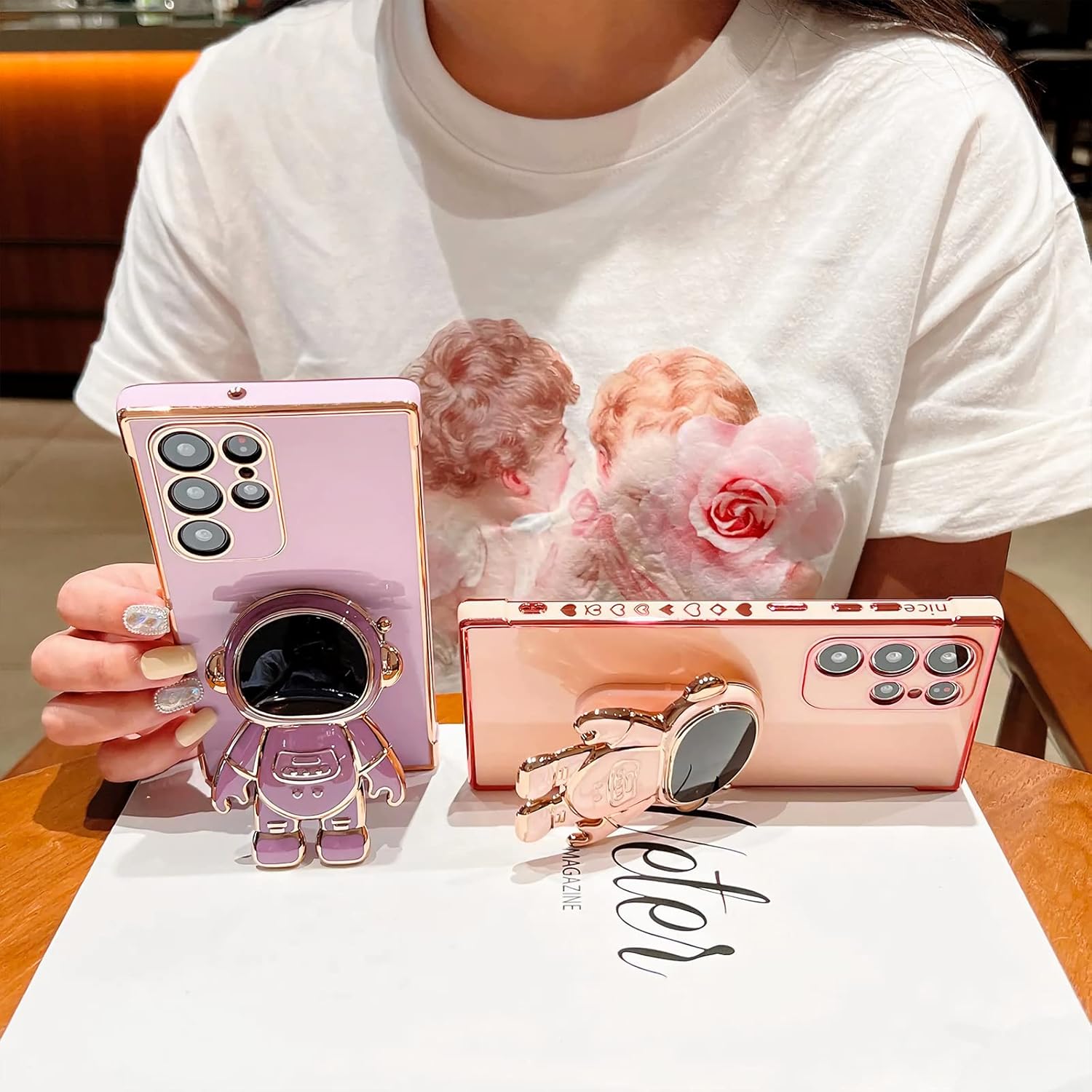 Phone Case for Samsung Galaxy S24 Ultra 6.8 Luxury Plating Astronaut Stand Holder Phone Case with Cute Love Heart Side Small Pattern Soft Silicone Shockproof Kickstand Cover Bumper (Pink)