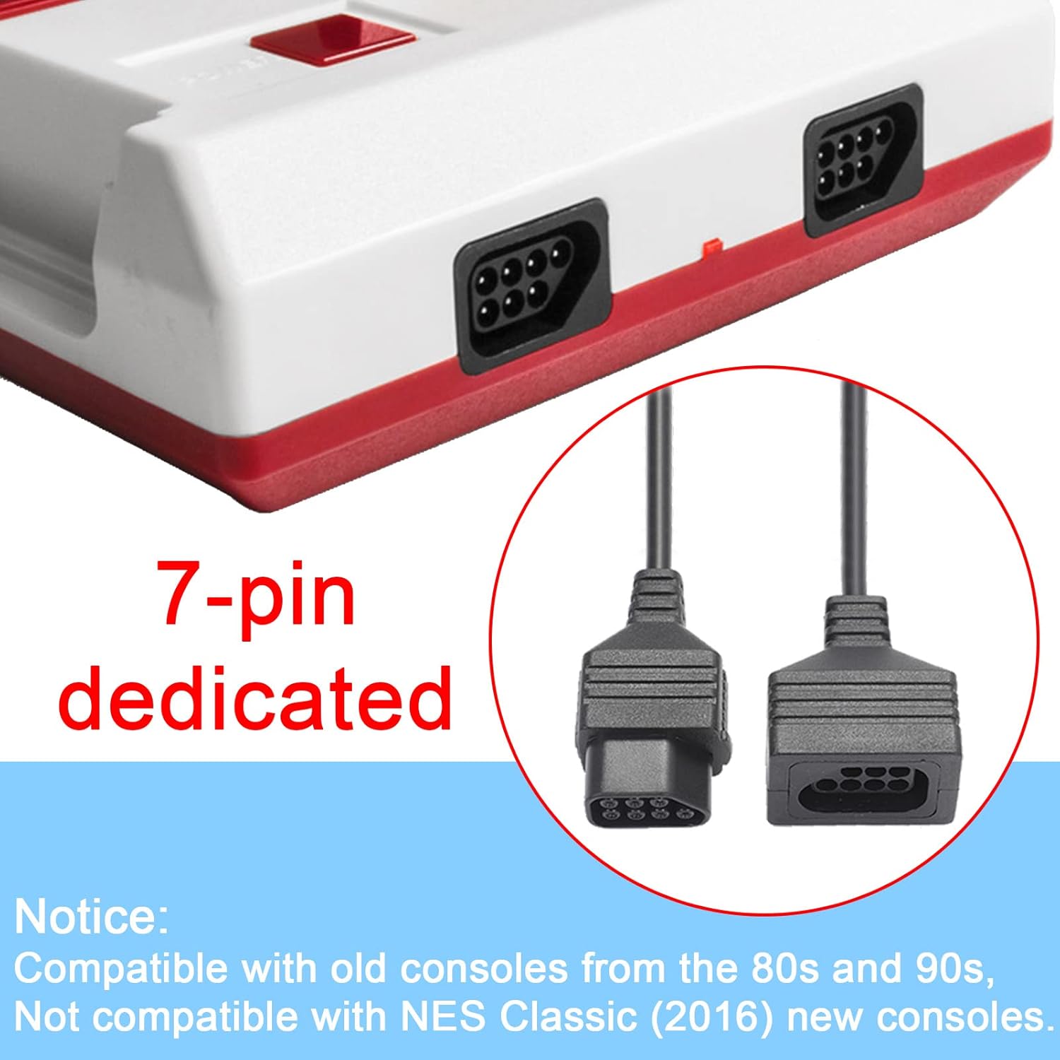 Liphontcta JoFong 7-Pin 1985 Version NES Controller Cable, Classic Retro Game Console Plug and Play Wired Video Game Controller Gamepad Extension Cable, 1.78M/5.8FT 2-Pack, Note Not for NES Classic (2016) : Video Games