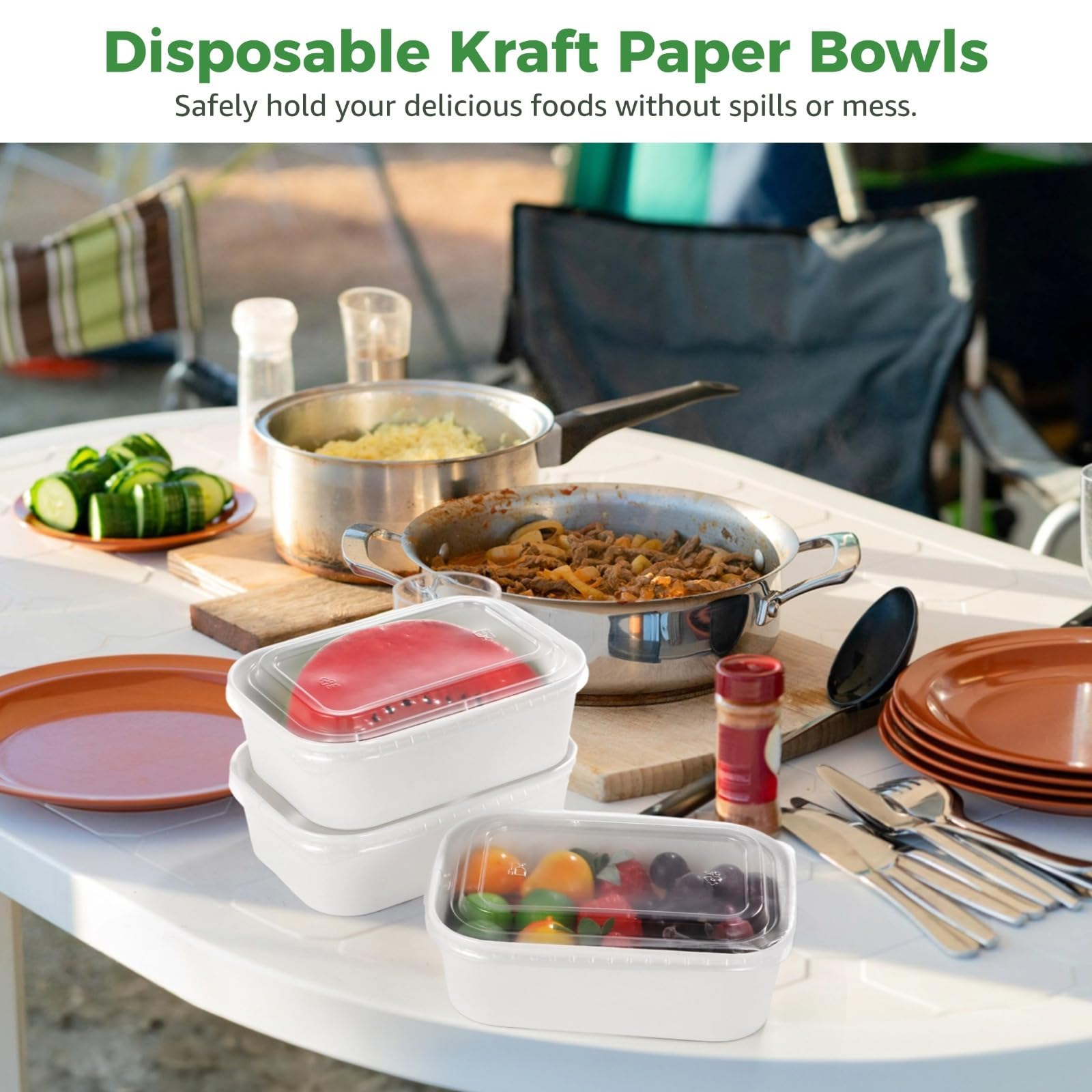 25 ciotole usa e getta in carta kraft con coperchio, 623,7 g, a prova di olio e a prova di perdite, contenitori da asporto per zuppe, snack, sushi, pasti caldi e freddi, adatti al microonde