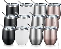 Vista 20 de COMOOO Vaso de vino de 12 onzas con tapa y popote, copa de vino de acero inoxidable, copa de vino de doble pared aislada al vacío para vino, Blanco
