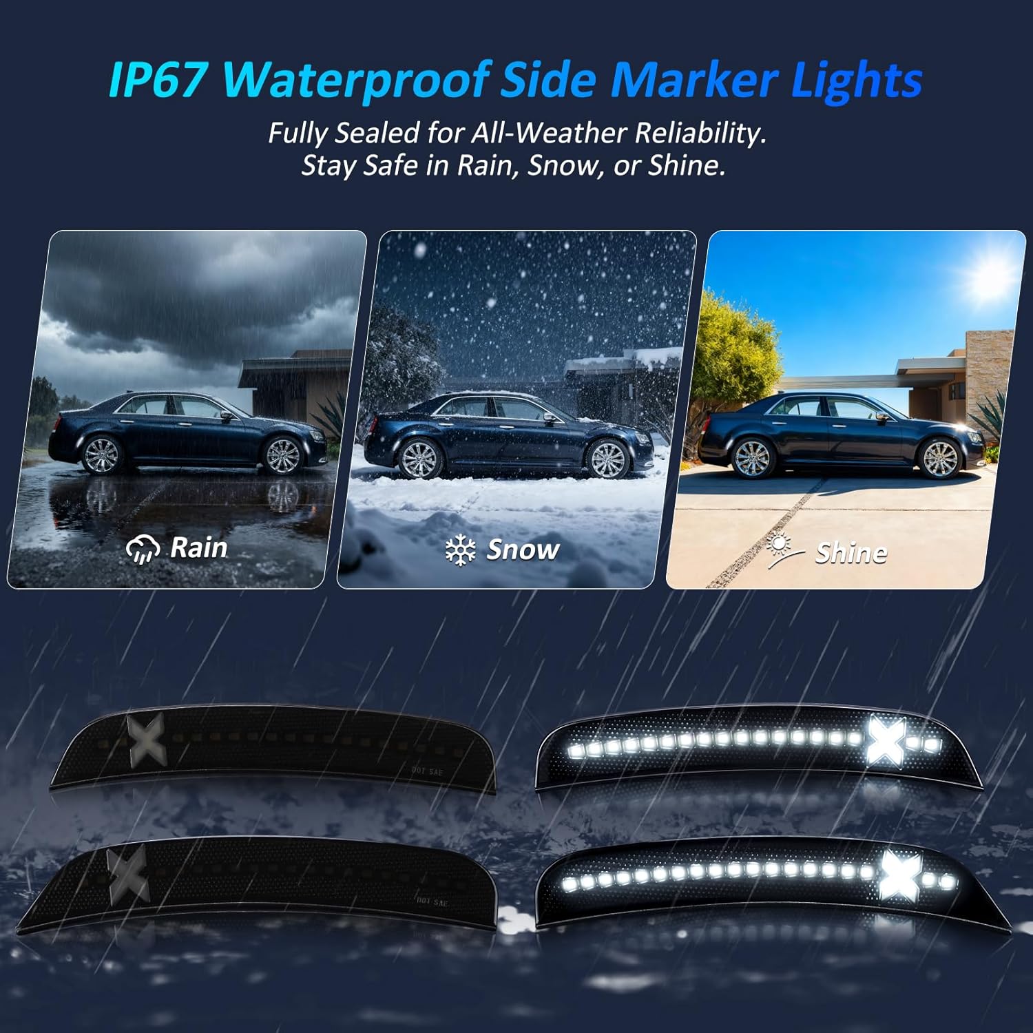 Bestview 4PCS Side Marker Lights for 2015-2021 Chrysler 300: X-style LED White Front&Rear Bumper Lights, Smoked Lens Fender Sidemarker Lamps, Waterproof Corner Parking Light Kit