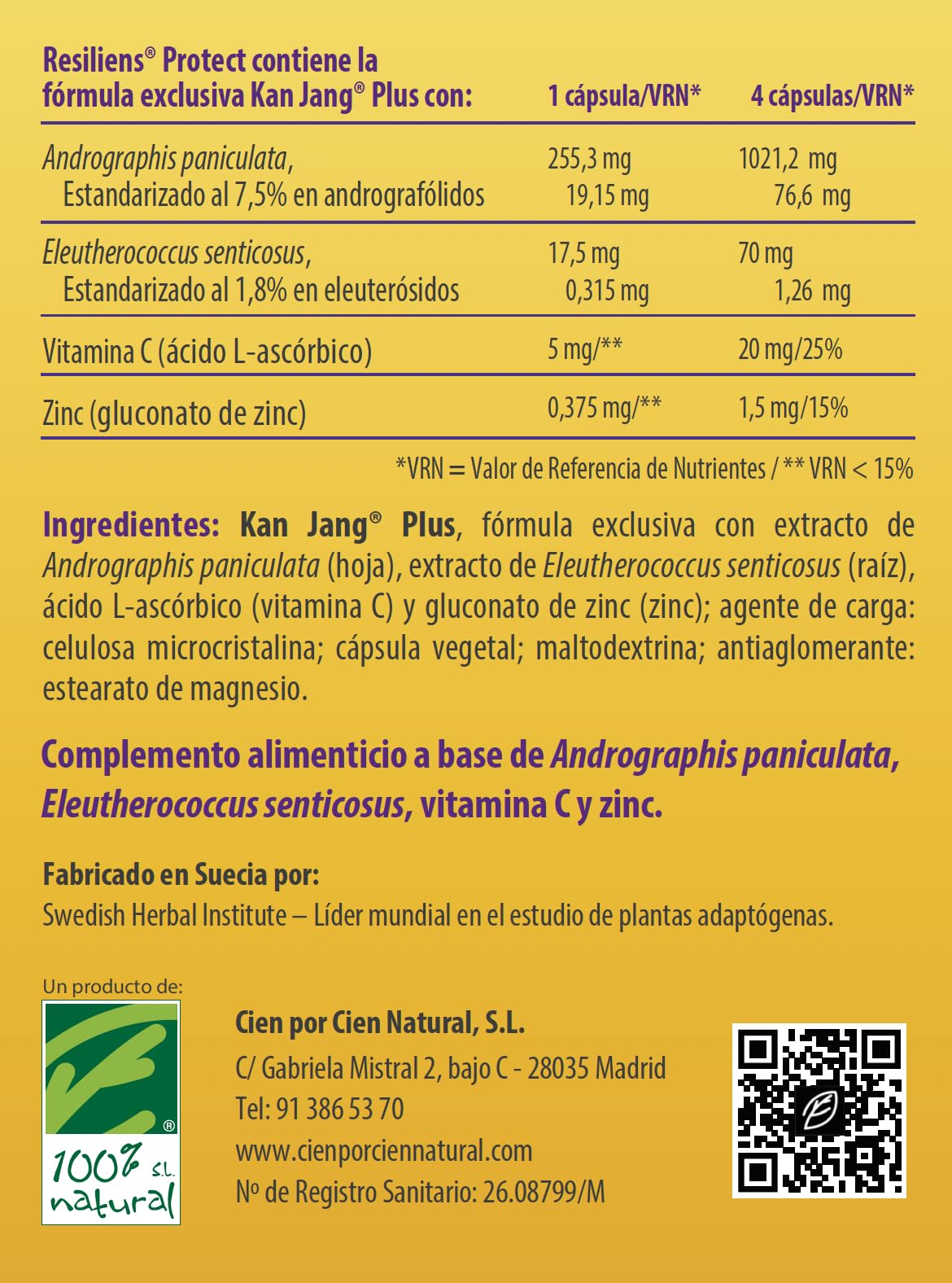 Resiliens Protect® - Kan Jang® Plus - Extractos de Andrographis y Eleuterococo - Refuerza Defensas Naturales - Alivio Respiratorio - Con Vitamina C y Zinc - 60 Cápsulas - 100% Natural