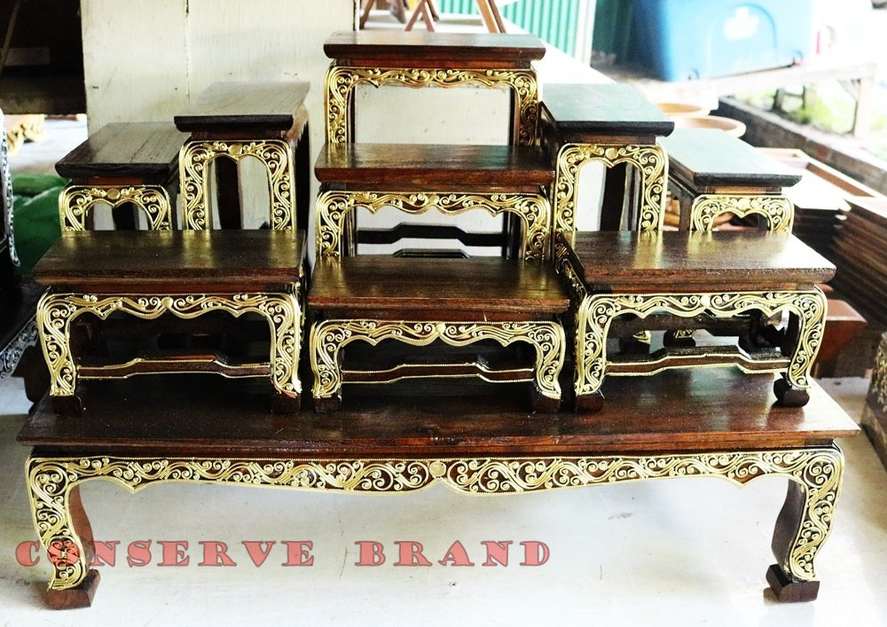 CONSERVE Thailand : Set of Altar Table 9 Pieces, Cradle Buddha Made of Teak Wood Size 27" x 14" inches (Oak Color) Brand.