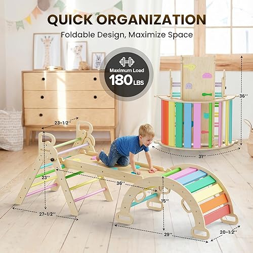 BlueWood Pikler - Juego de triángulos 7 en 1 plegables, juguetes de escalada Montessori de madera con arco y rampa y escalera, escalador para bebés,