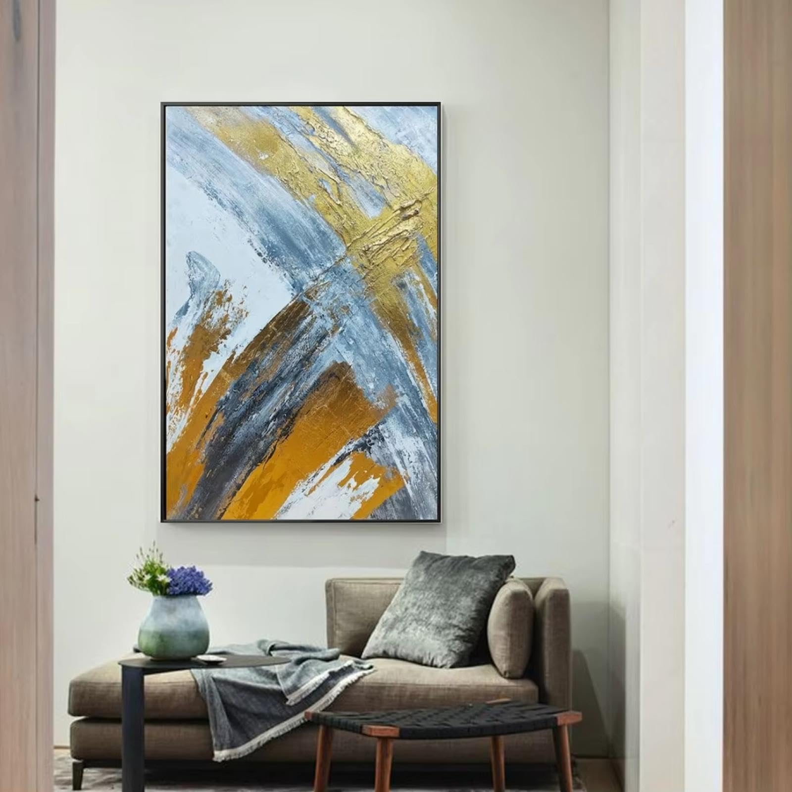 Lienzo decorativo para pared, diseño de hojas doradas, abstracto moderno, azul y gris, 40x56cm(16x22in) marco negro.