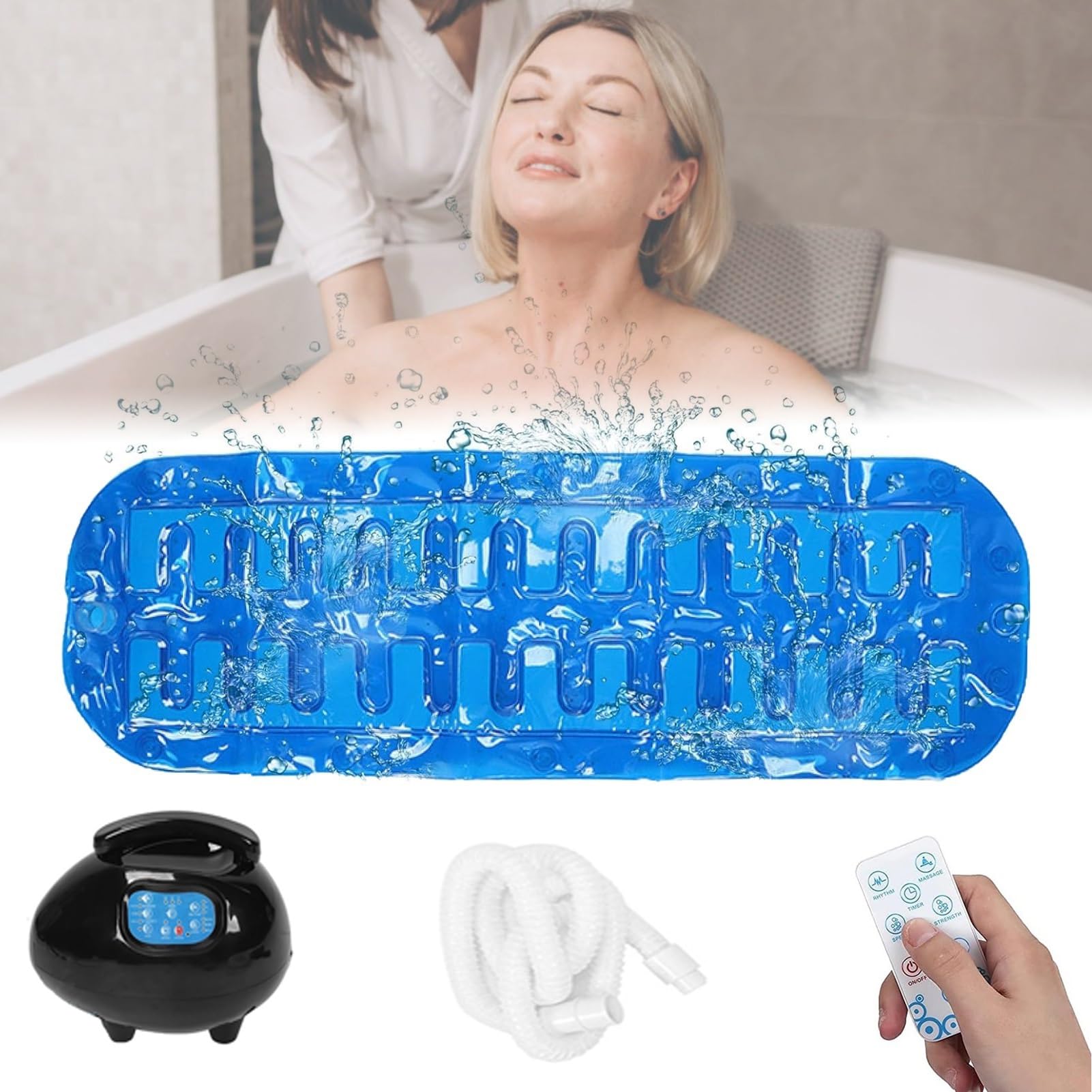 Mata do masażu surfingowego do domu, elektryczna mata do masażu bąbelkowego do wanny, mata do gorącej wanny, masażer do całego ciała z bąbelkami, 8 przycisków, urządzenie do kąpieli bąbelkowej(Blue)