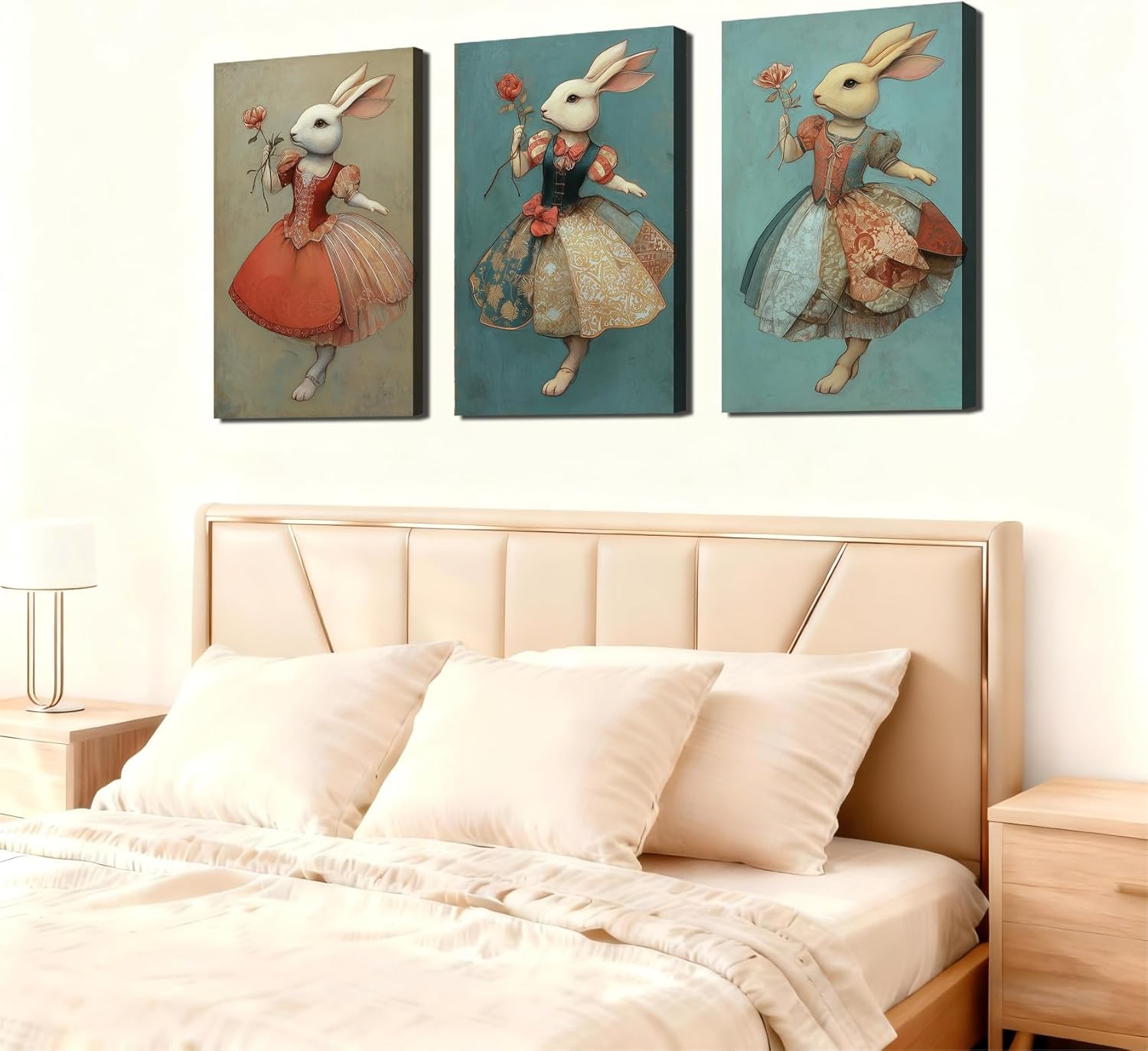 Easter 3 Framed Wall Art Set - Vintage Bunny in Victorian Dress Prints, Rustic Farmhouse Wall Decor, Pictures for Living Room, Unique Home Decoration