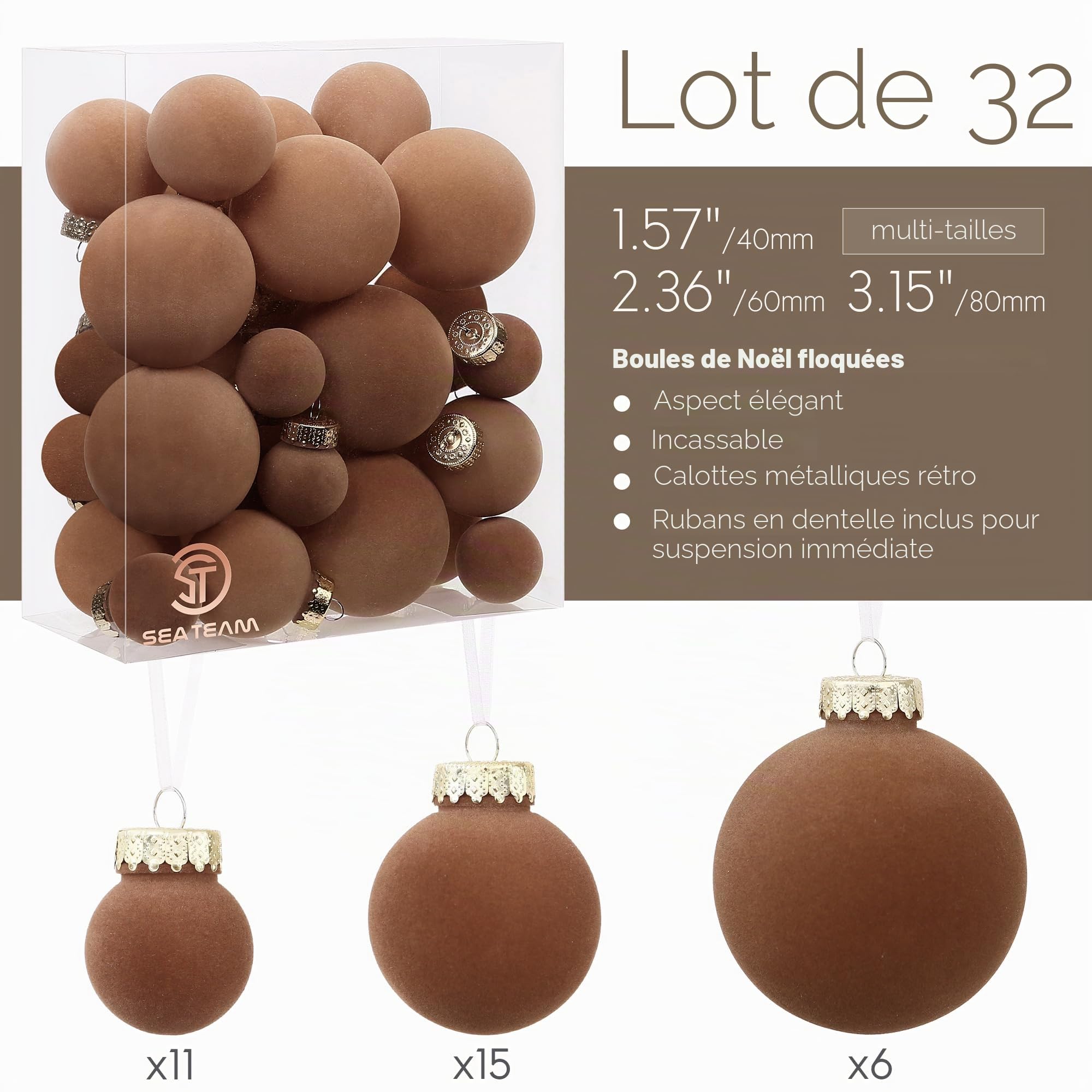 Sea Team 32 Boules Noël Velours incassables multitaille Marron | Boules en velours floqué incassable, parfaites pour sapin, couronne, guirlande. Idéales pour Noël, mariage, fête.